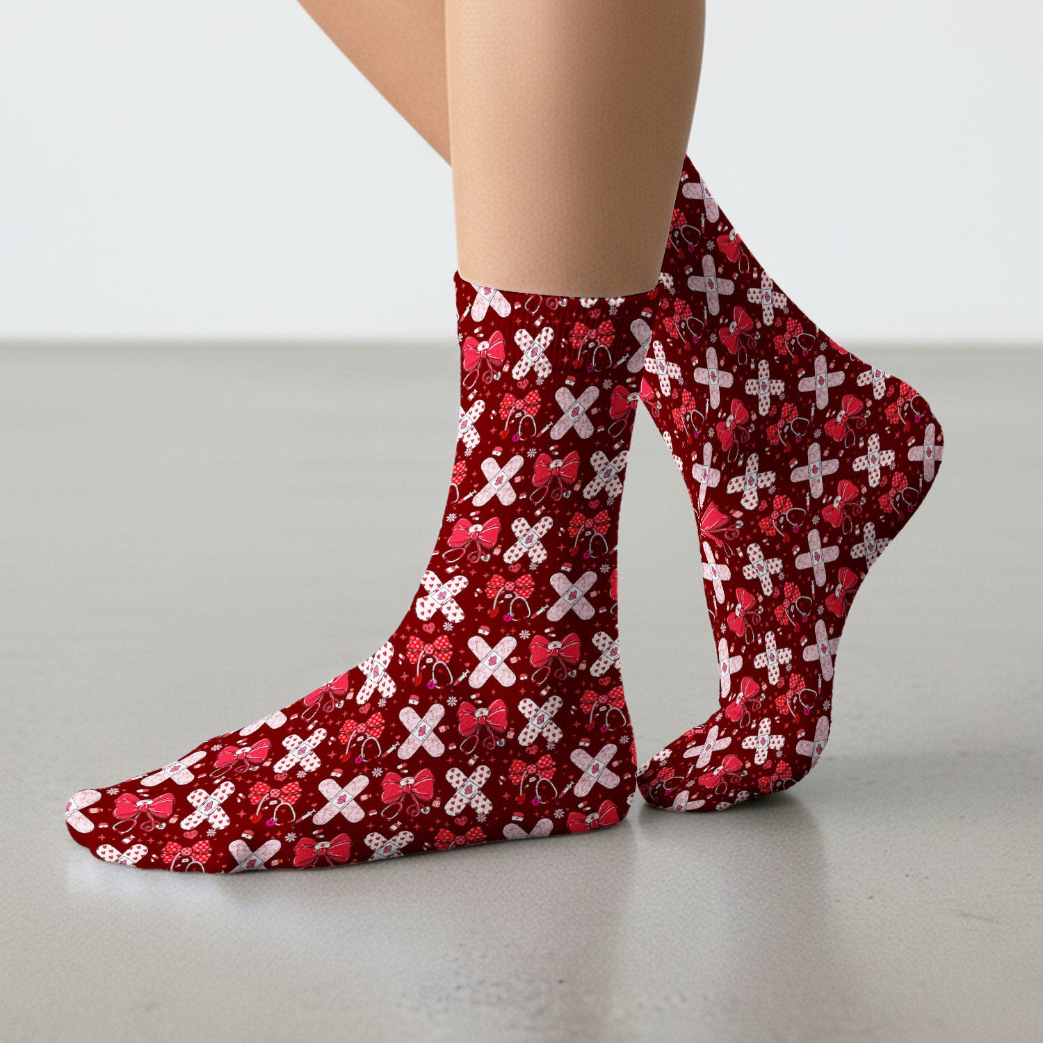 Valentine Nurse Scrub Socks, Red Bow And Heart Bandage Pattern Medical Sock, Breathable Fabrics Nursing Uniform