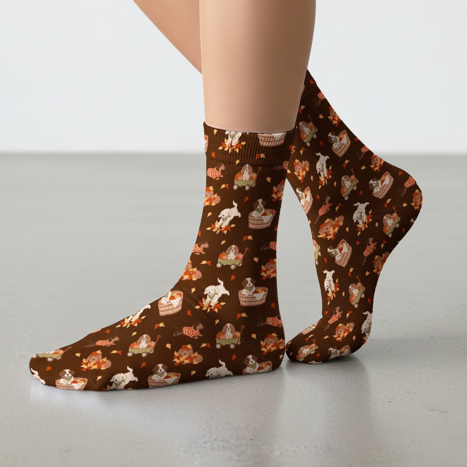 Cute Autumn Dogs And Falling Leaves Socks, Adult Socks for Men and Women