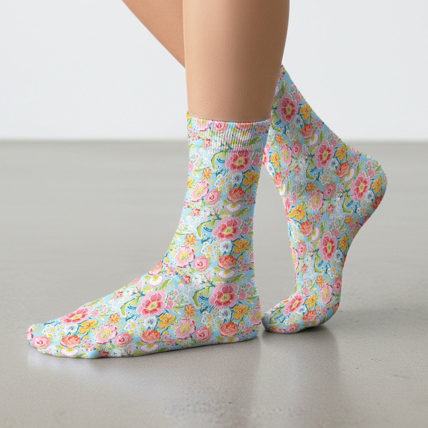 Pastel Tropical Floral Garden Pattern Socks, Adult Socks for Men and Women