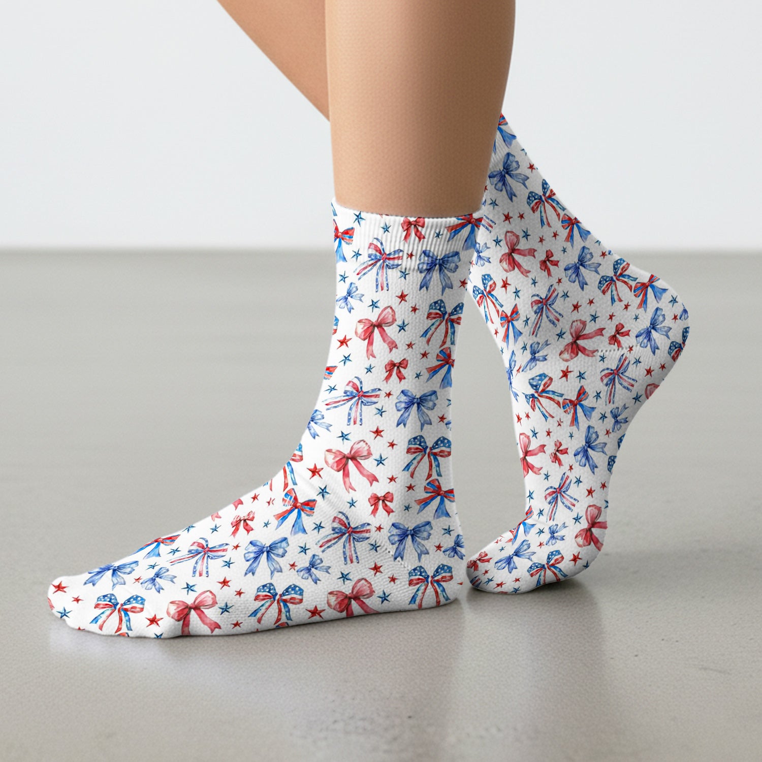 Festive Patriotic Ribbon Bow Star Pattern Socks, Adult Socks for Men and Women