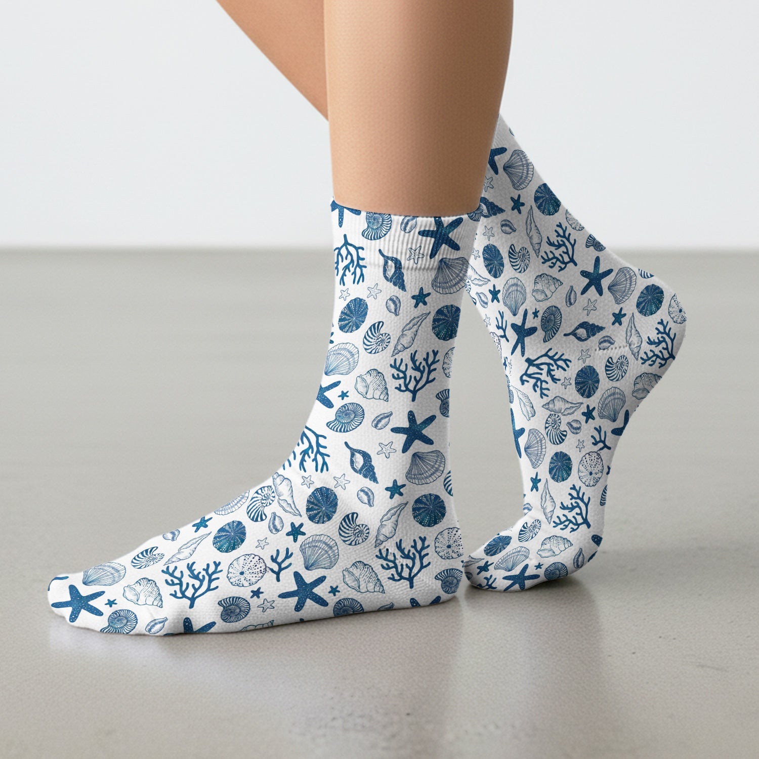 Cute Ocean Shell Starfish Pattern Socks, Adult Socks for Men and Women