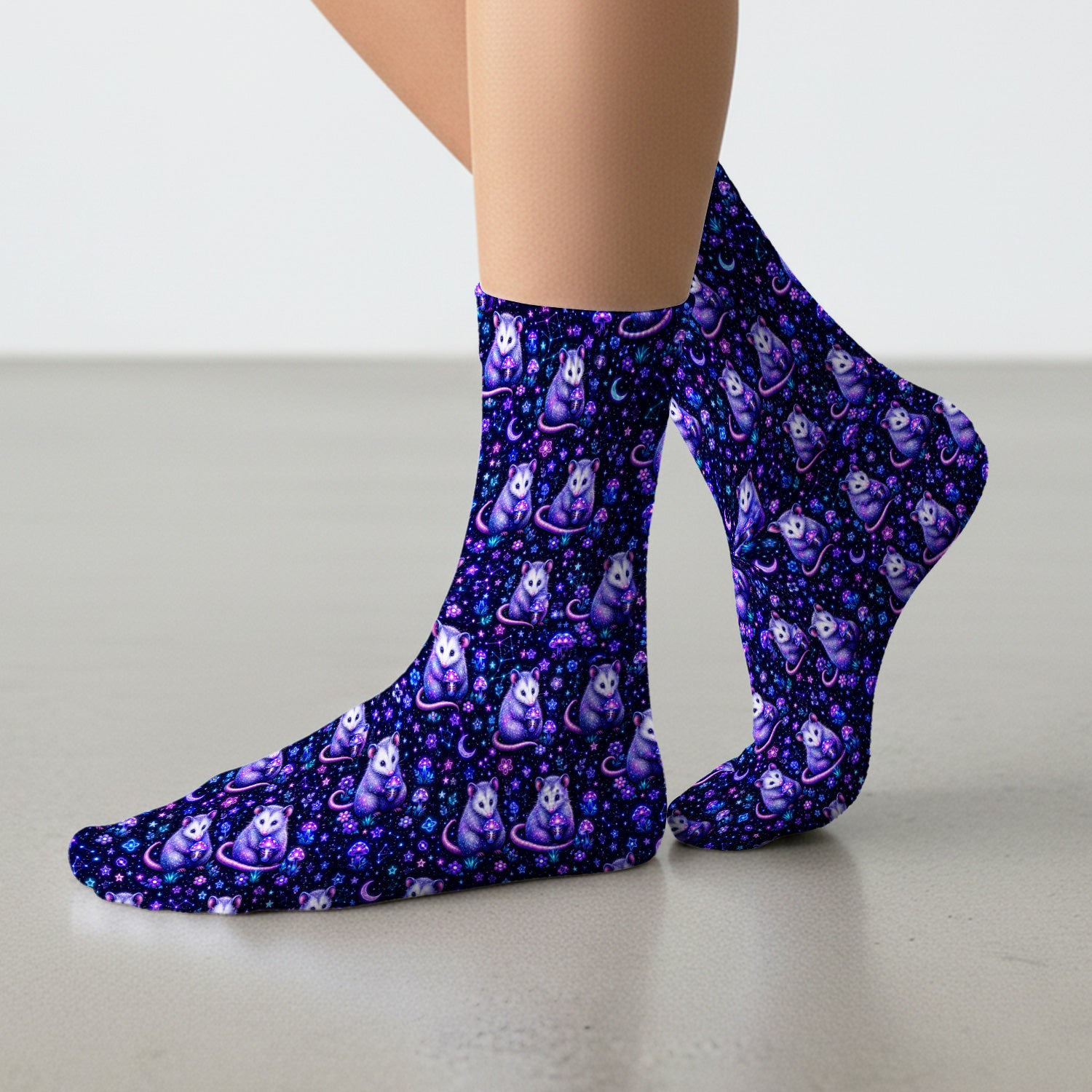 Neon Opossum Mushroom Galaxy Pattern Socks, Adult Socks for Men and Women