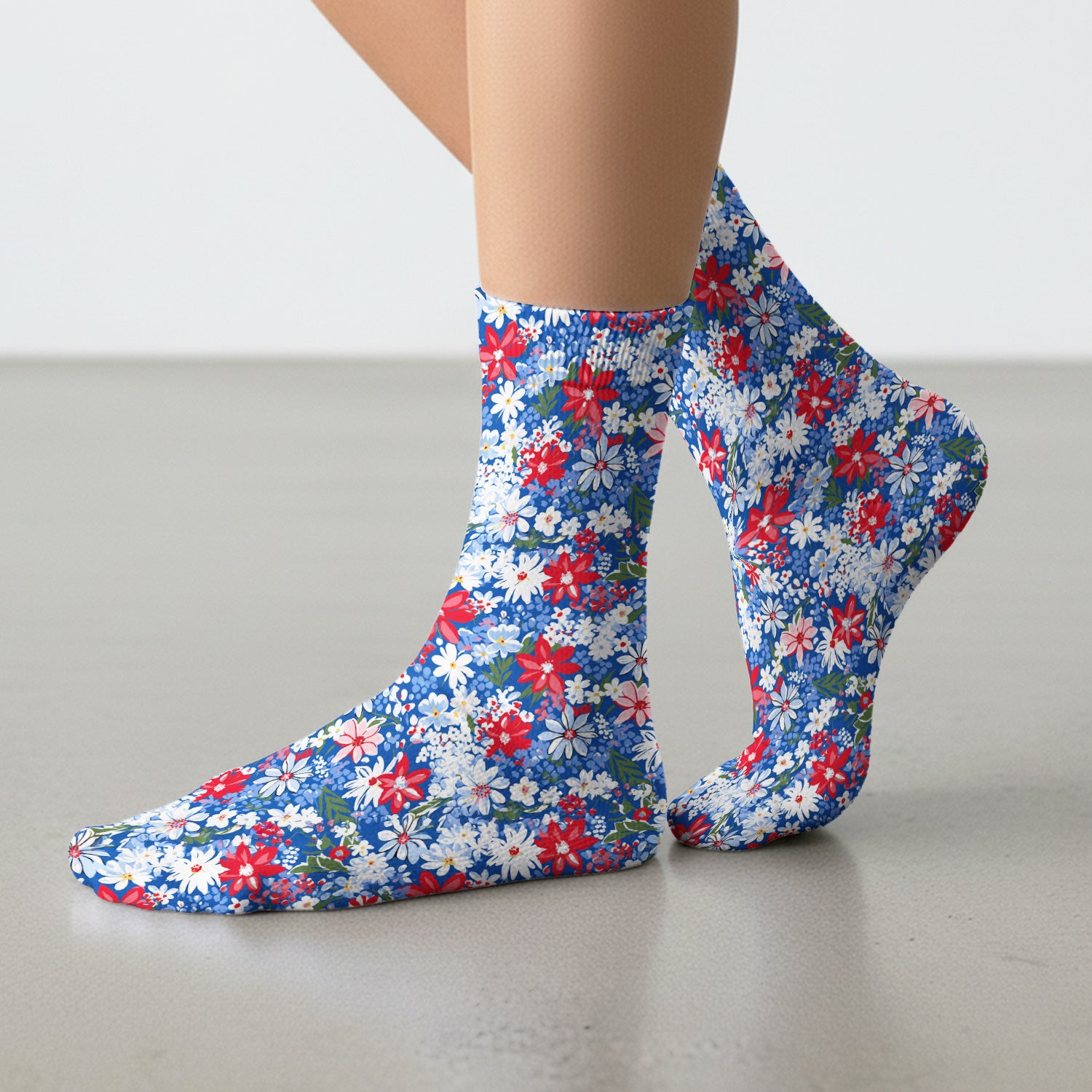 Patriotic Red White Blue Floral Garden Print Socks, Adult Socks for Men and Women
