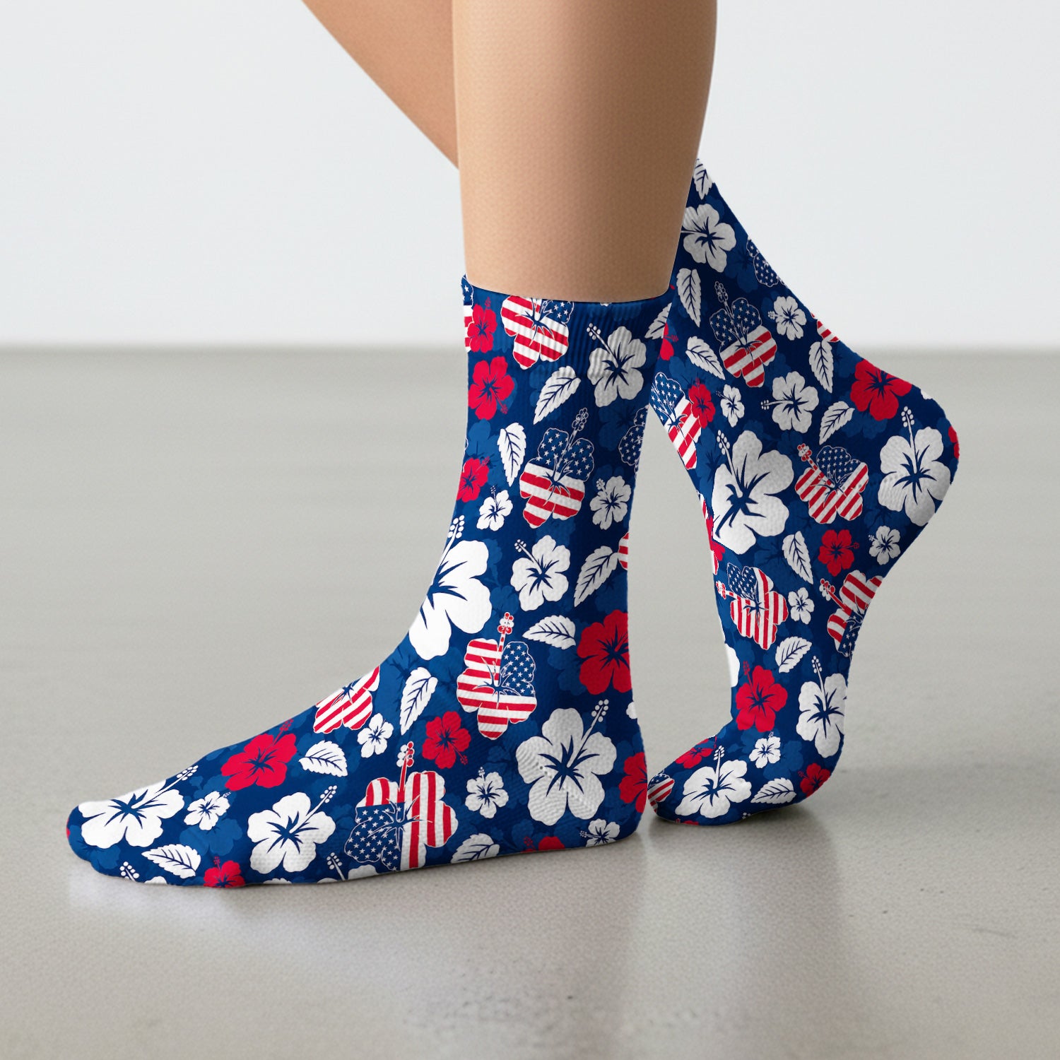 Patriotic Hibiscus Flag Floral Print Socks, Adult Socks for Men and Women