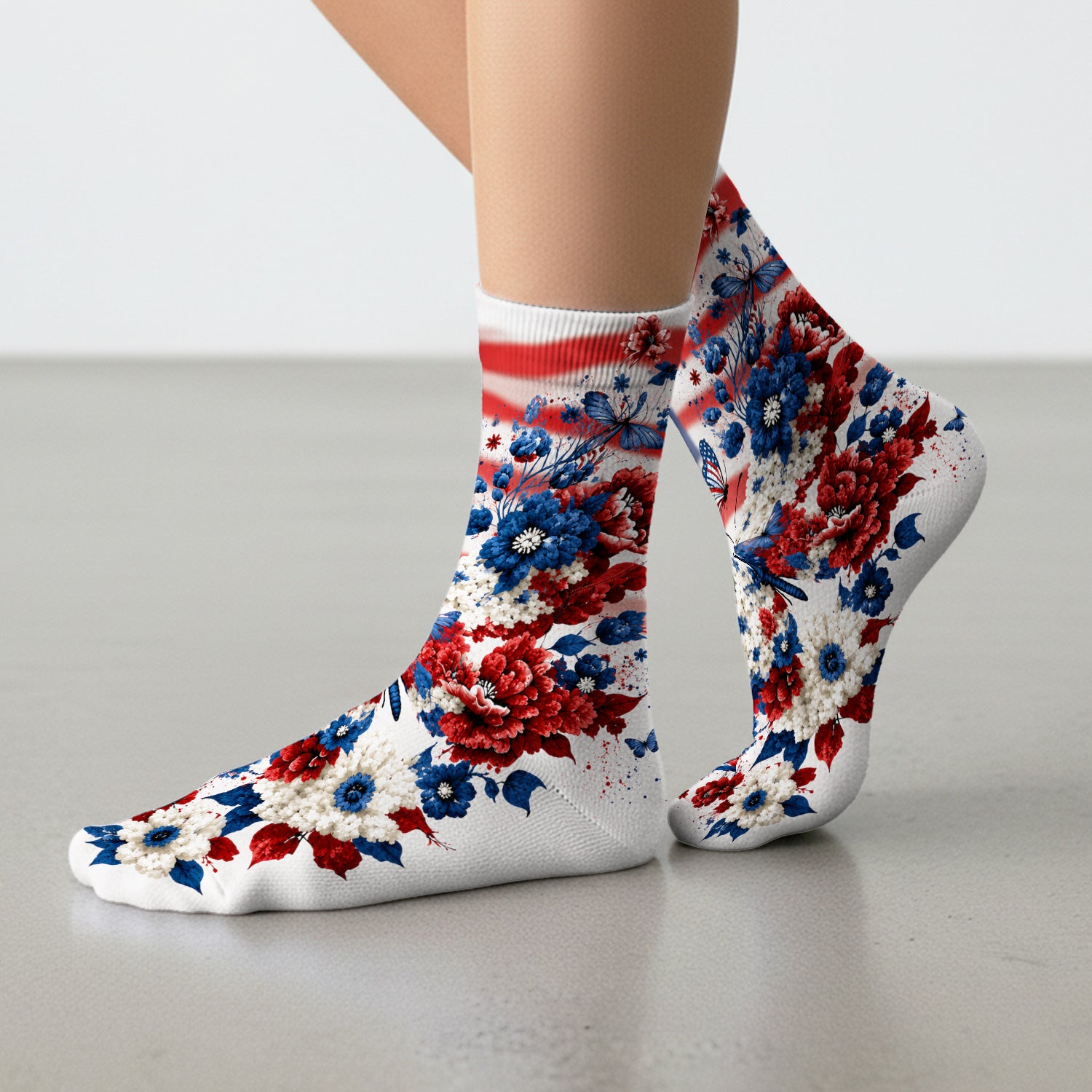 Patriotic Butterfly with Floral Print Socks, Adult Socks for Men and Women