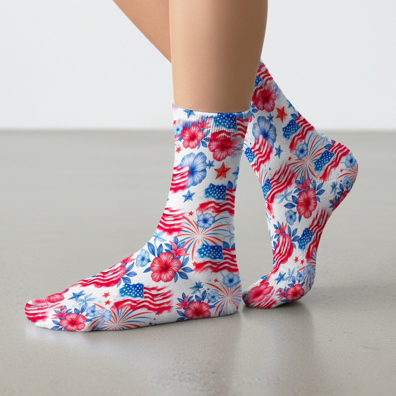 Patriotic American Flag Floral Pattern Socks, Adult Socks for Men and Women