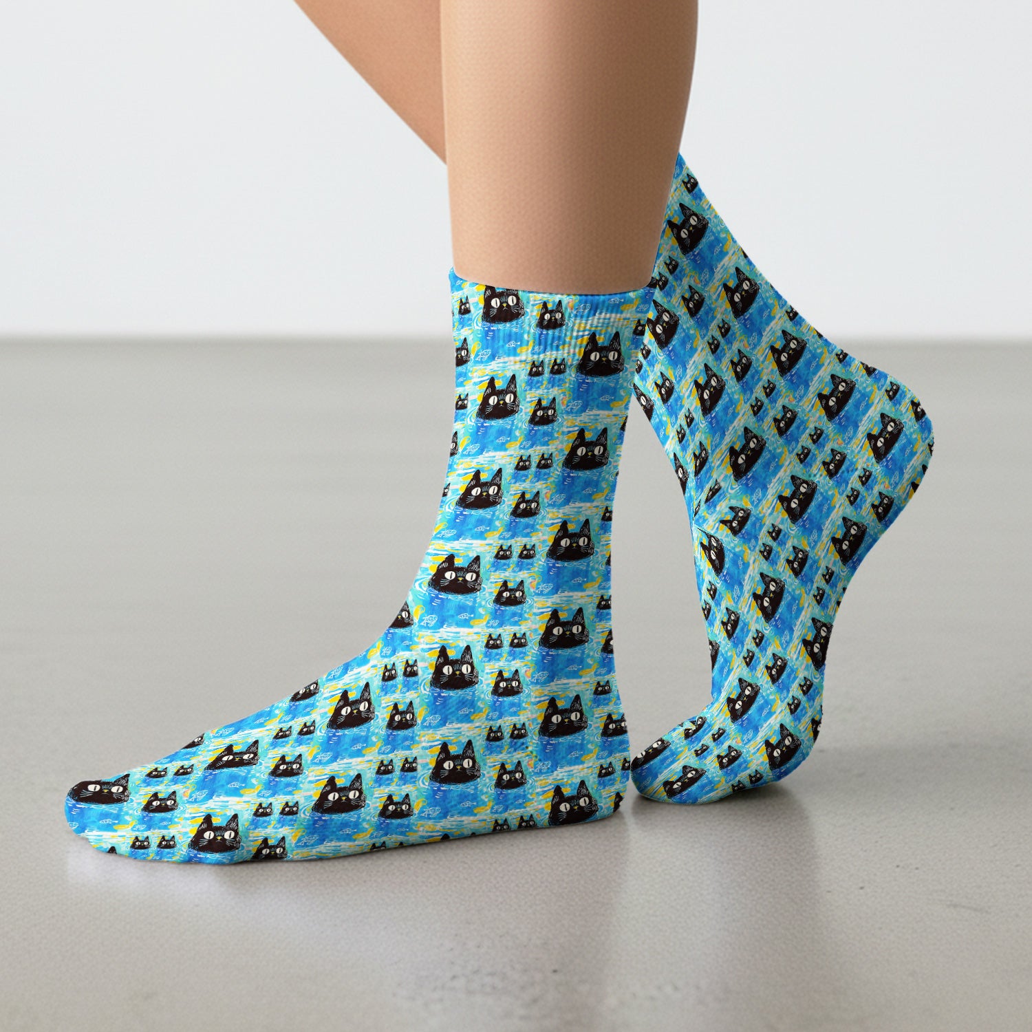 Black Cat Swimming In Blue Water Pattern Socks, Adult Socks for Men and Women