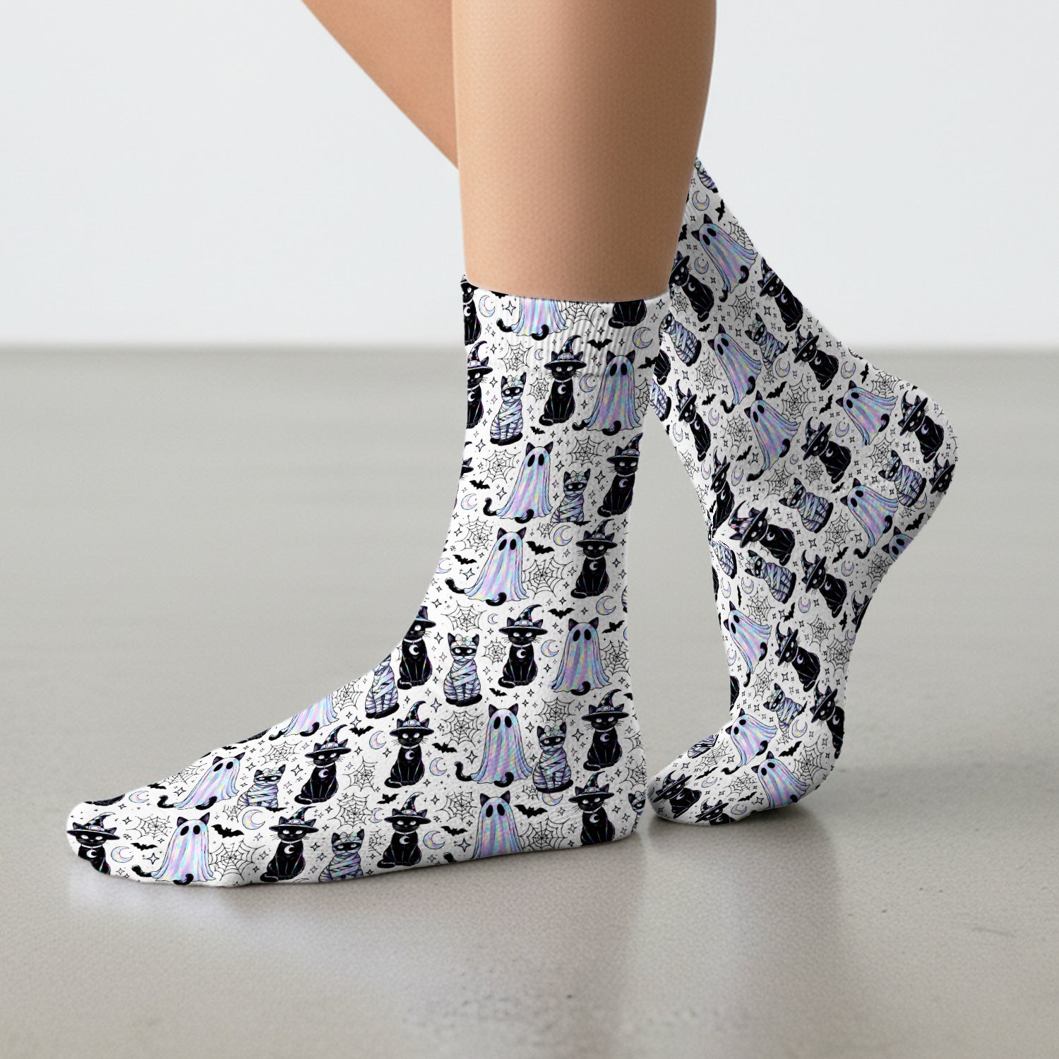 Ghost Witch Cat Pattern Socks, Adult Socks for Men and Women