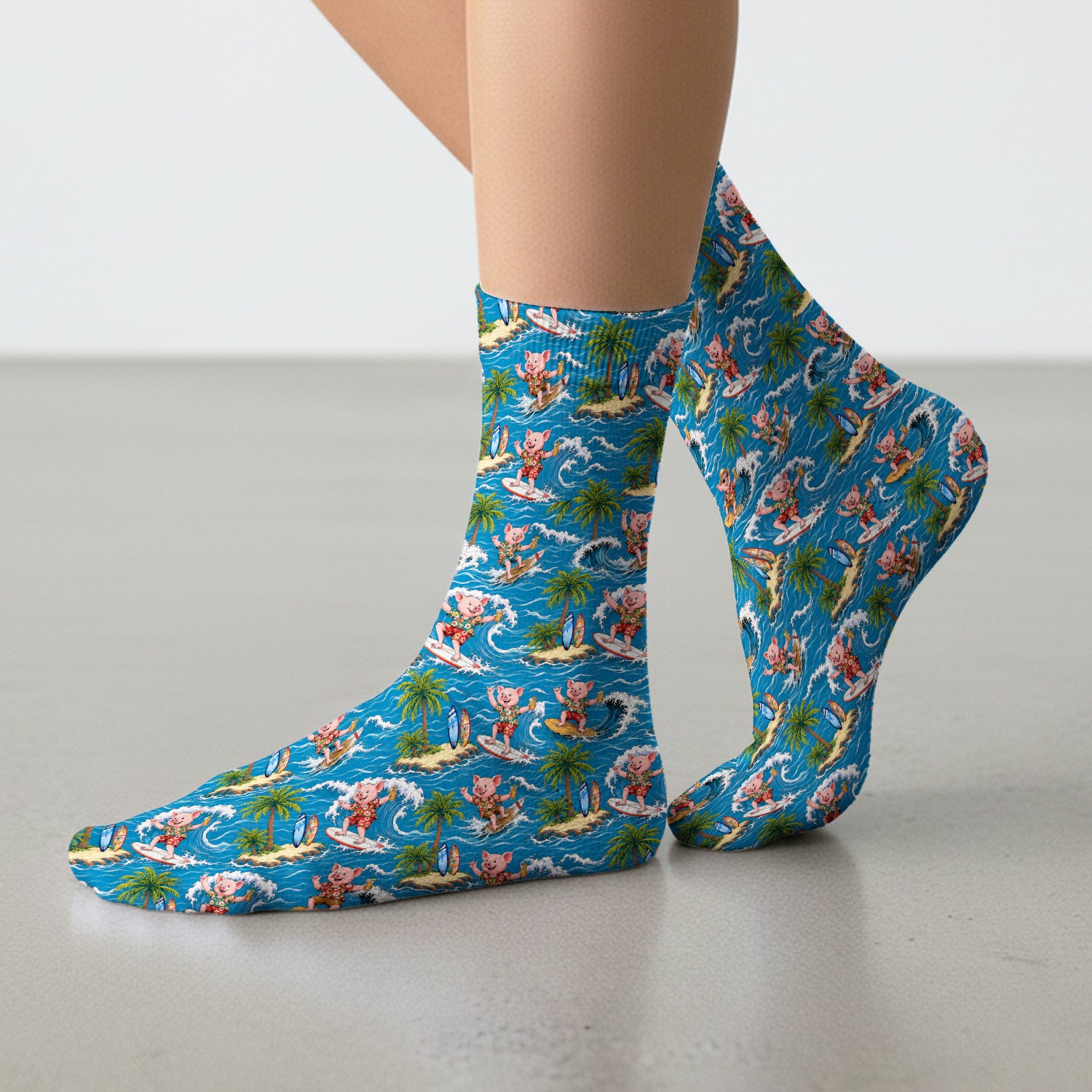 Tropical Surfing Pig Island Pattern Socks, Adult Socks for Men and Women