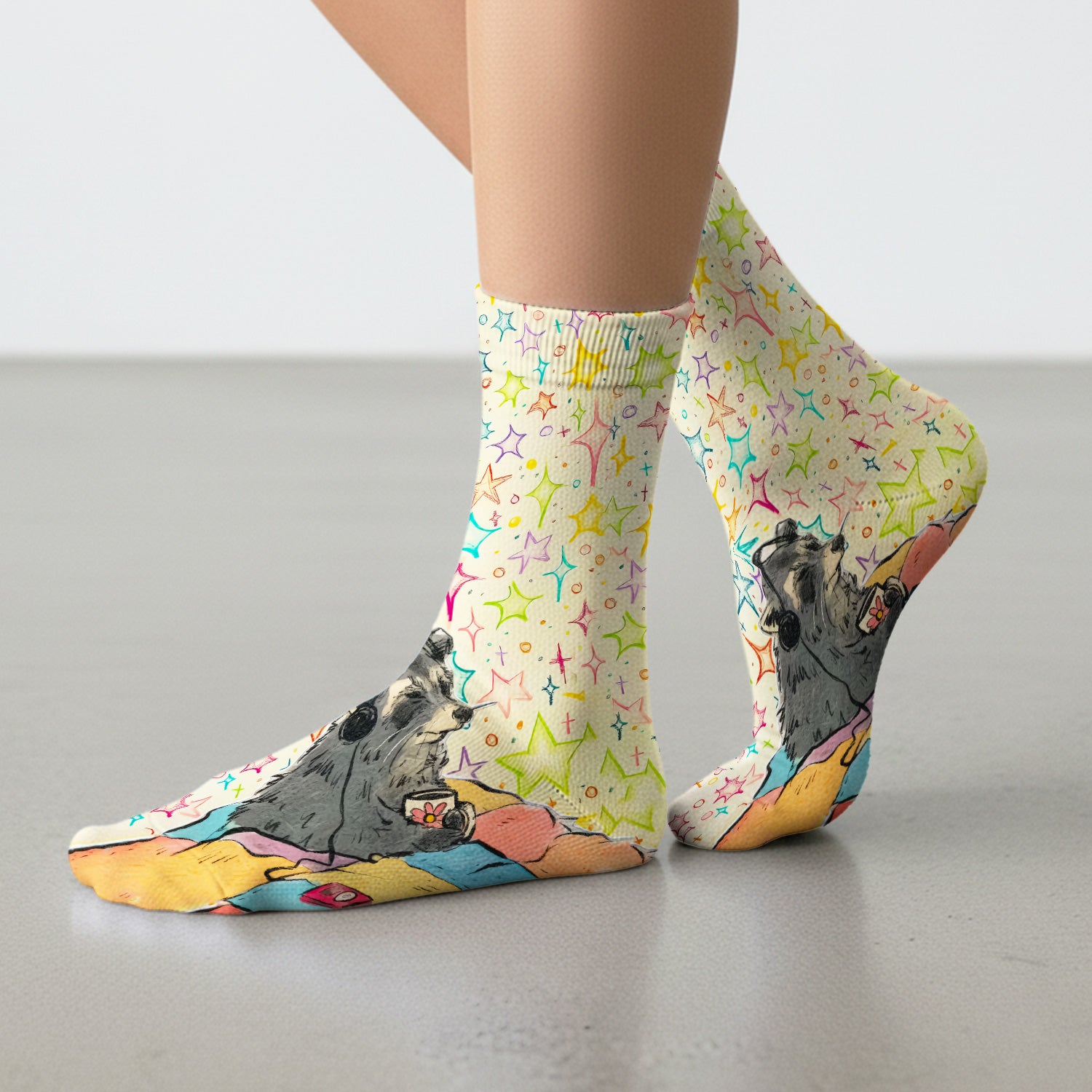 Chill Raccoon Starry Music Pattern Socks, Adult Socks for Men and Women