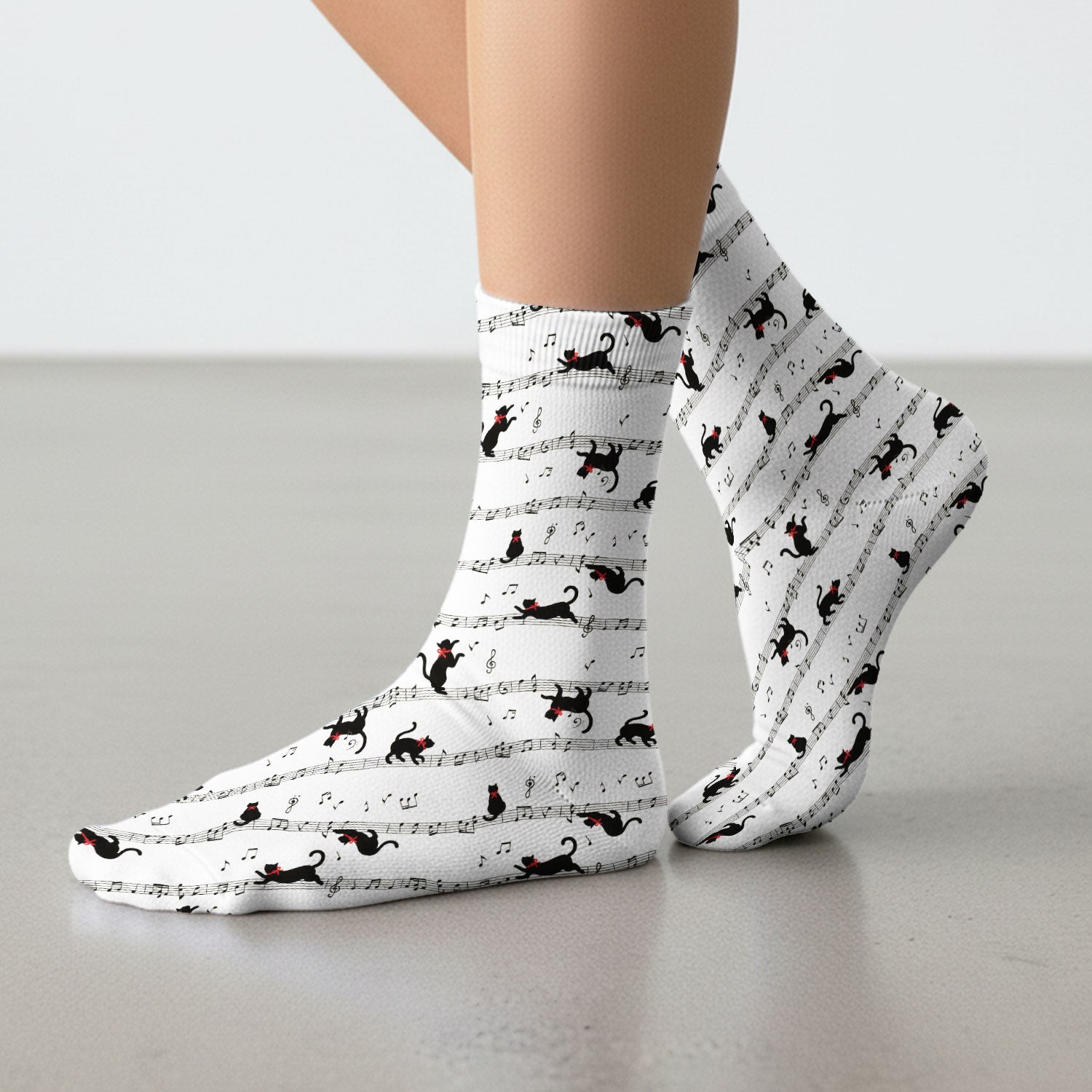 Cute Dancing Black Cat Music Staff Pattern Scrub Socks, Socks for Nurse Doctor