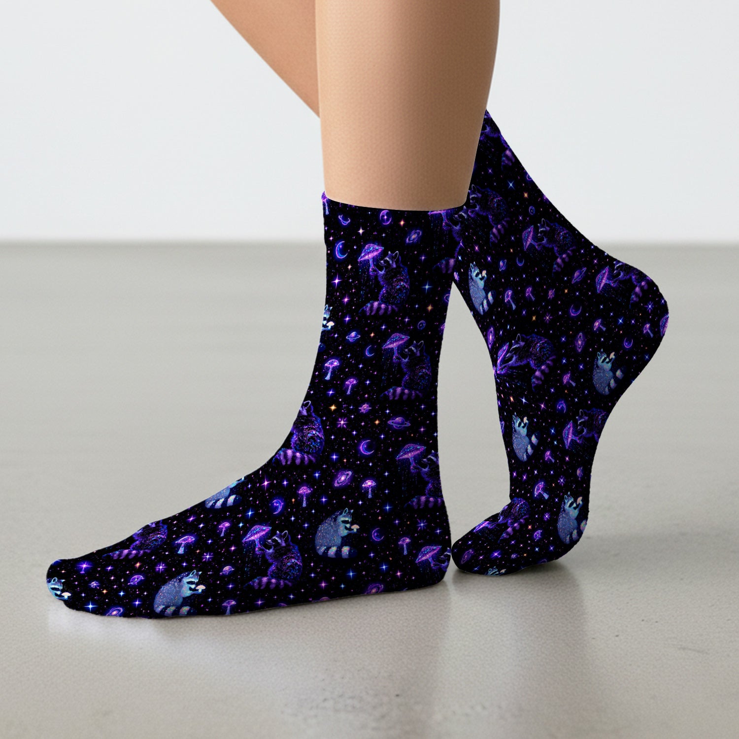Cute Raccoon Mushroom Galaxy Pattern Socks, Adult Socks for Men and Women