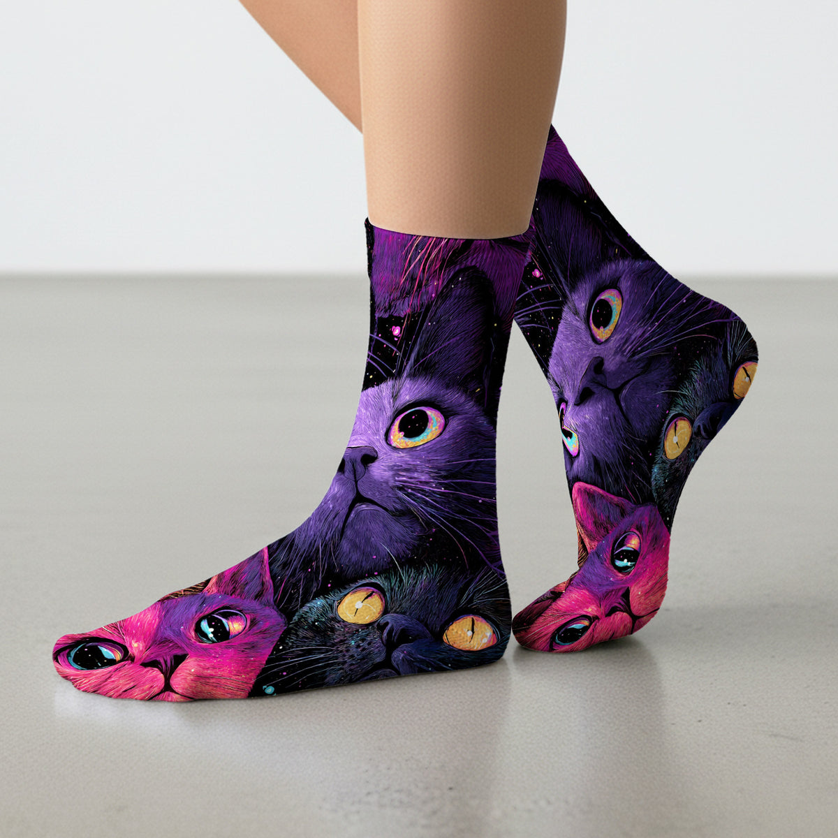 Colorful Neon Cat Faces Socks, Adult Socks for Men and Women