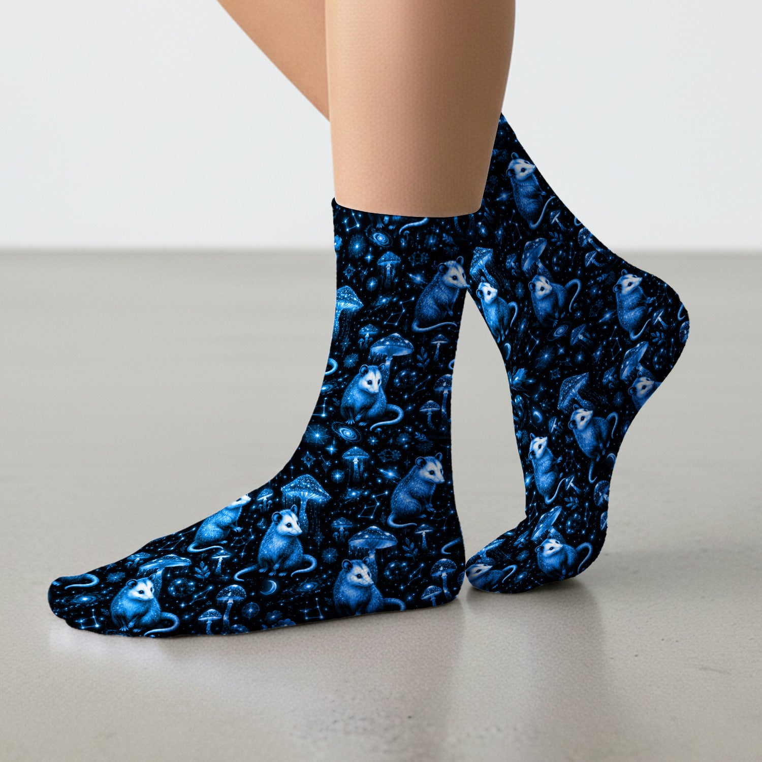 Celestial Blue Opossum With Mushroom Pattern Socks, Adult Socks for Men and Women