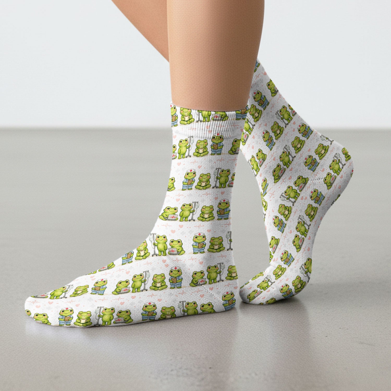 Adorable Frog Nurse Various Poses Print Socks, Breathable Fabrics Medical Uniform
