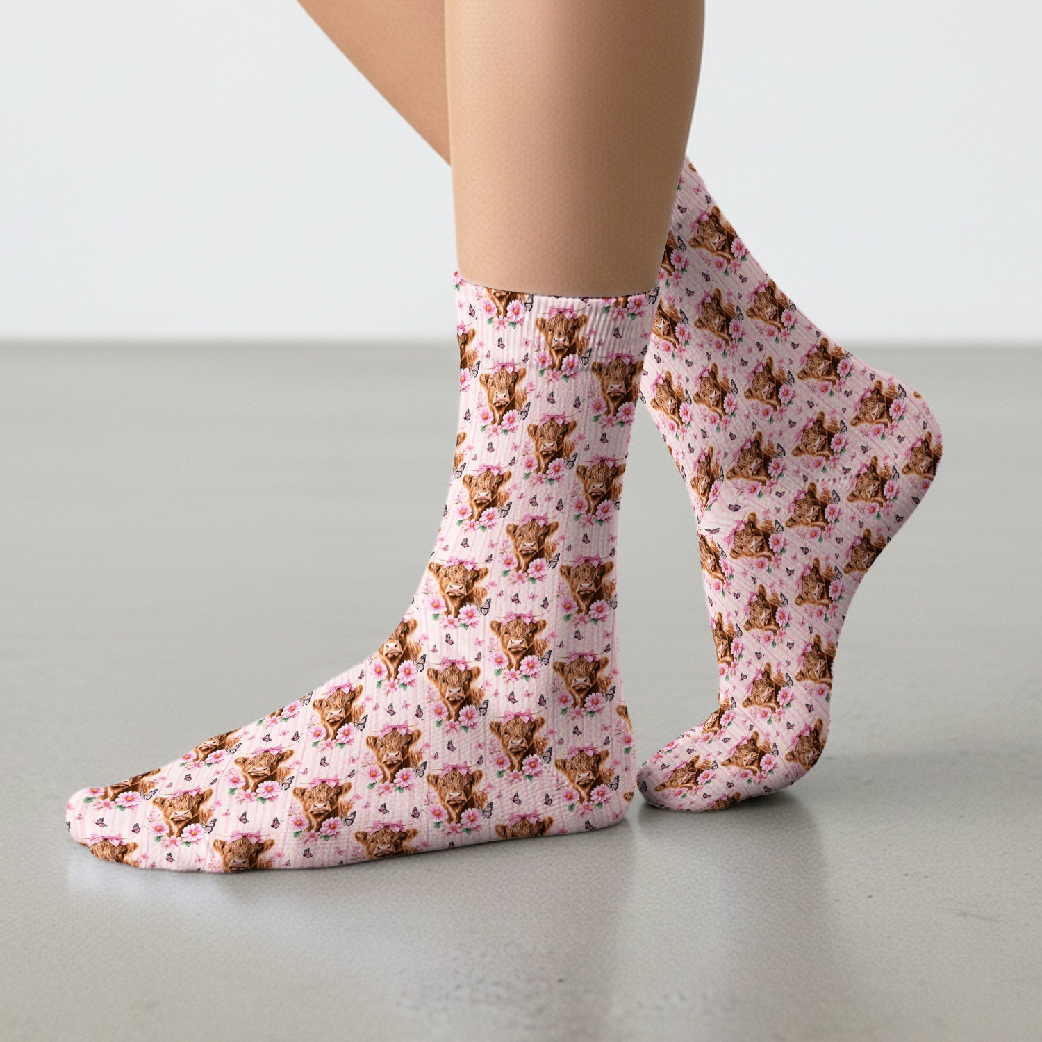 Pink Highland Cow Floral Socks, Adult Socks for Men and Women