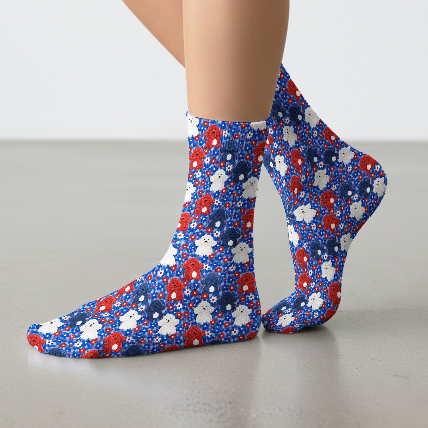Cute Poodle Floral Garden Print Socks, Adult Socks for Men and Women
