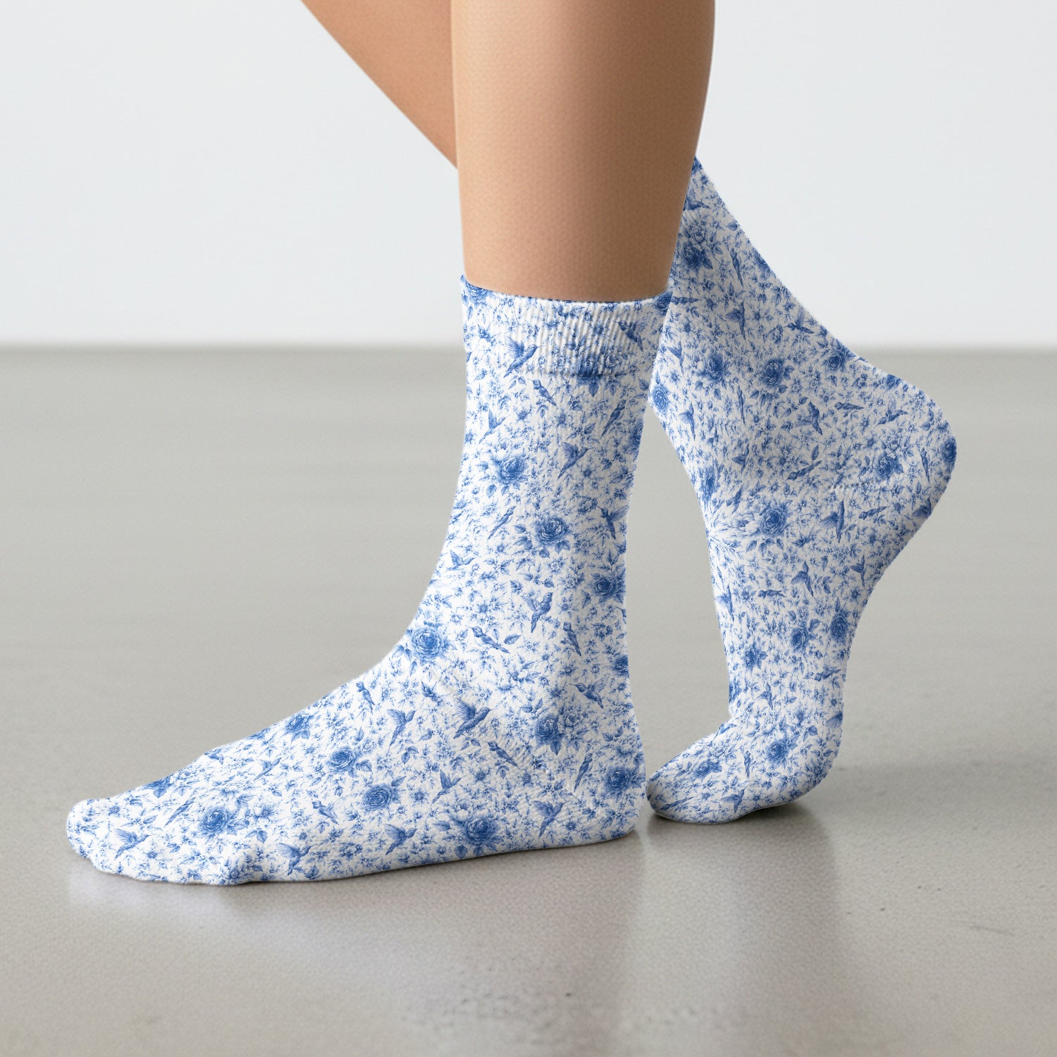 Blue Floral Hummingbird Toile Pattern Socks, Adult Socks for Men and Women