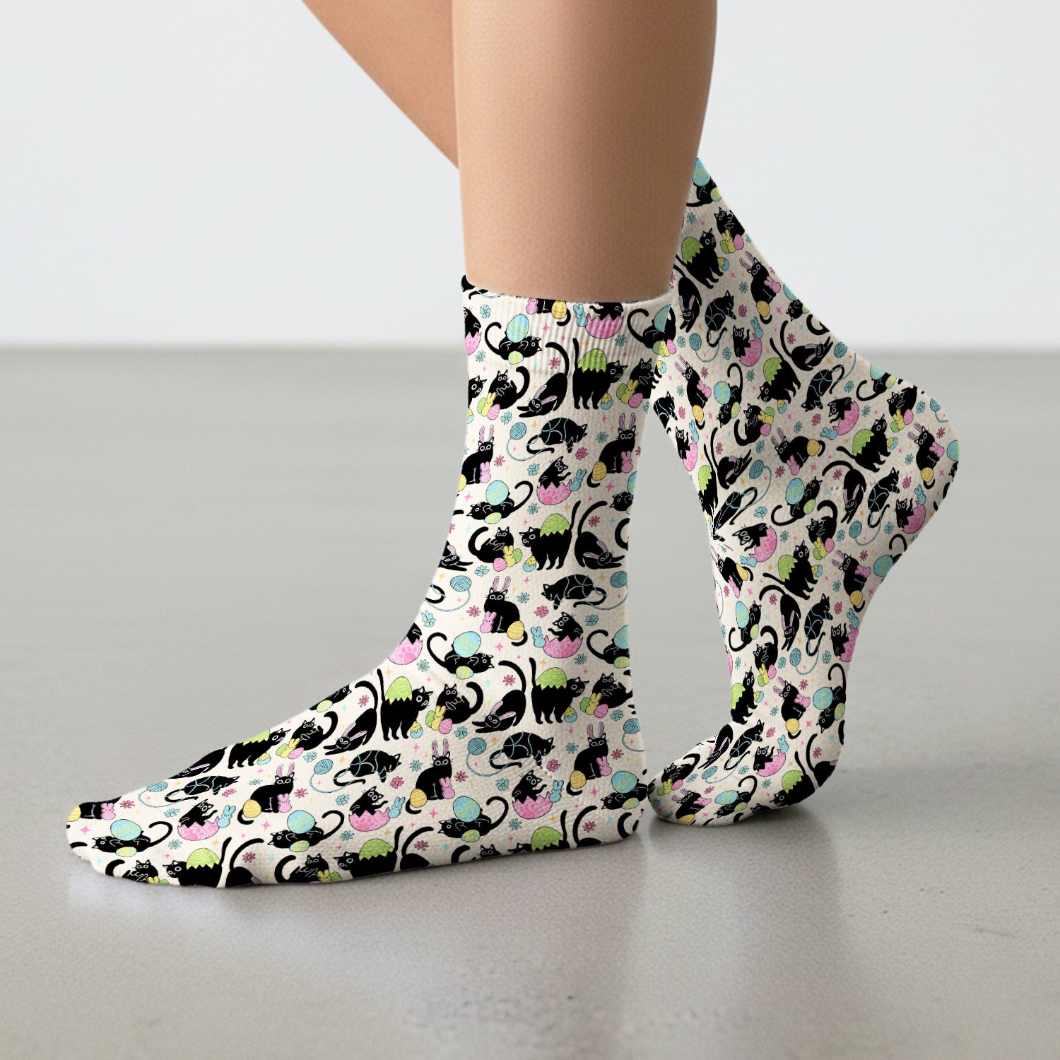 Funny Easter Black Cat Egg Pattern Print Socks, Adult Socks for Men and Women