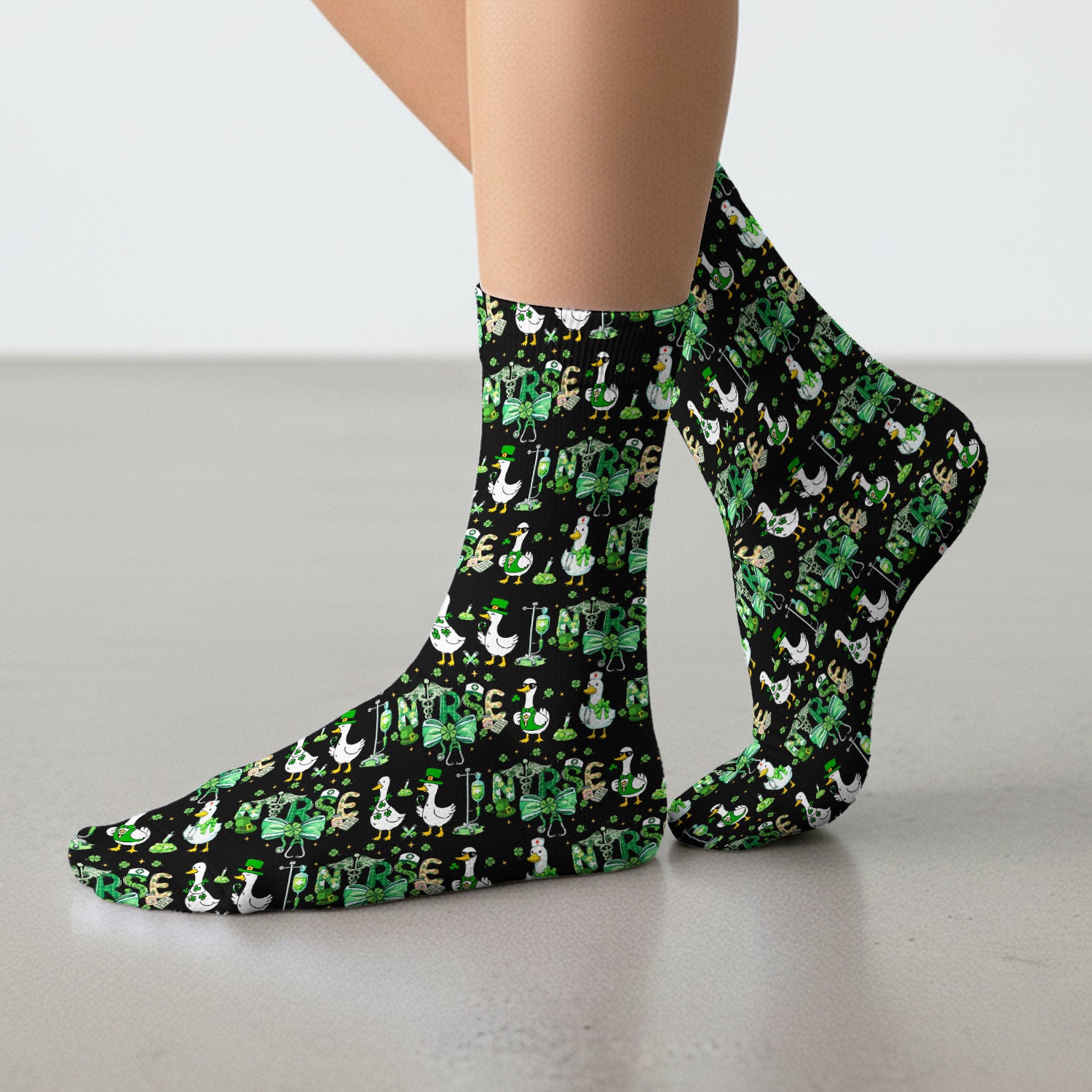Funny Goose Nurse Shamrock Scrub Socks, St. Patrick’s Day Nurse Pattern Sock, Breathable Fabrics Nursing Uniform