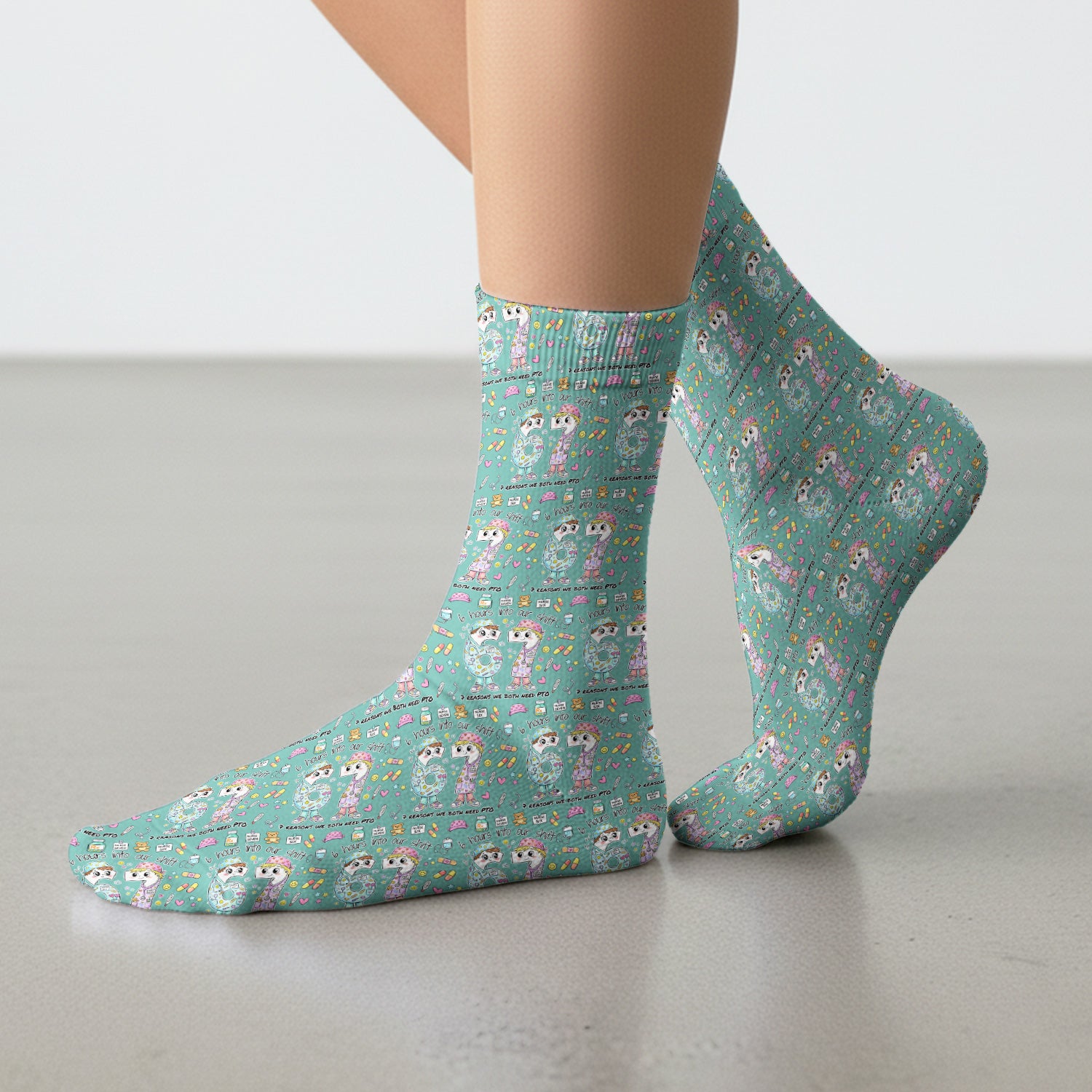 Cartoon Characters Six Hours Into Shift With Medical Doodle Socks, Breathable Fabrics Medical Uniform