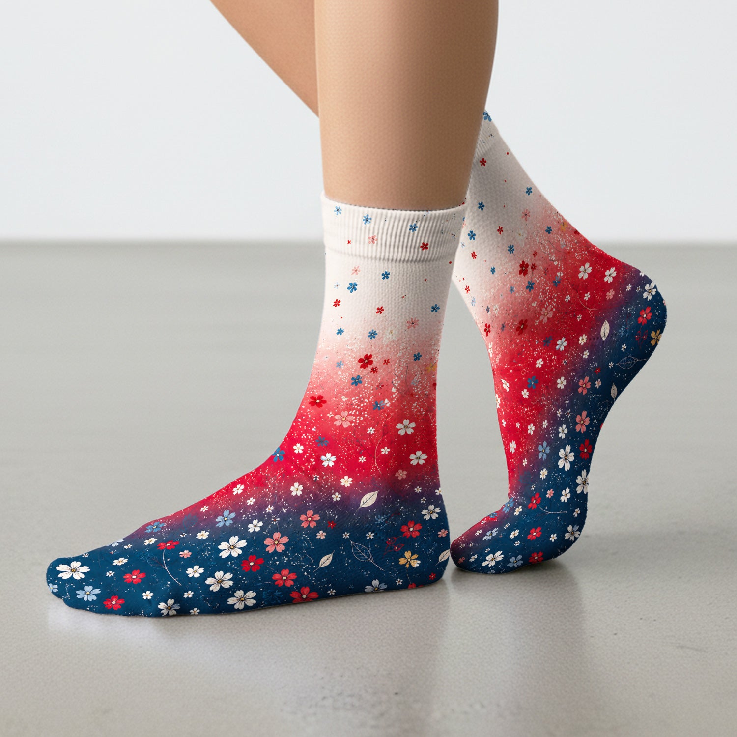 Patriotic Red White Blue Floral Ombre Print Socks, Adult Socks for Men and Women