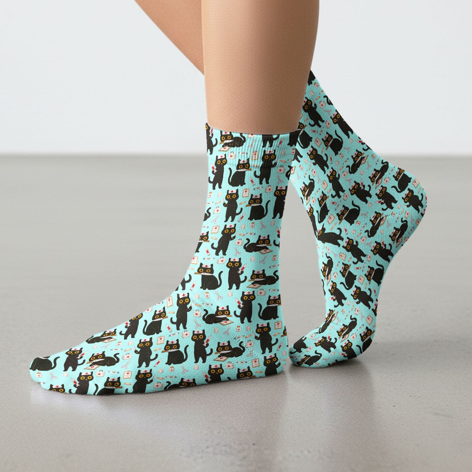Cute Black Cat Nurse Pattern Medical Socks, Breathable Fabrics Medical Uniform