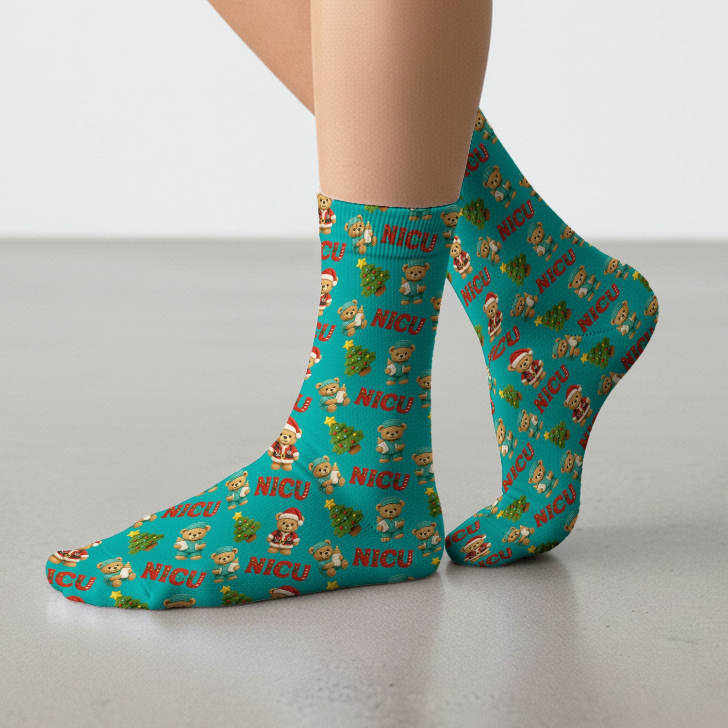 Festive Christmas NICU Nurse Teddy Bear Pattern Print Socks, Adult Socks for Men and Women