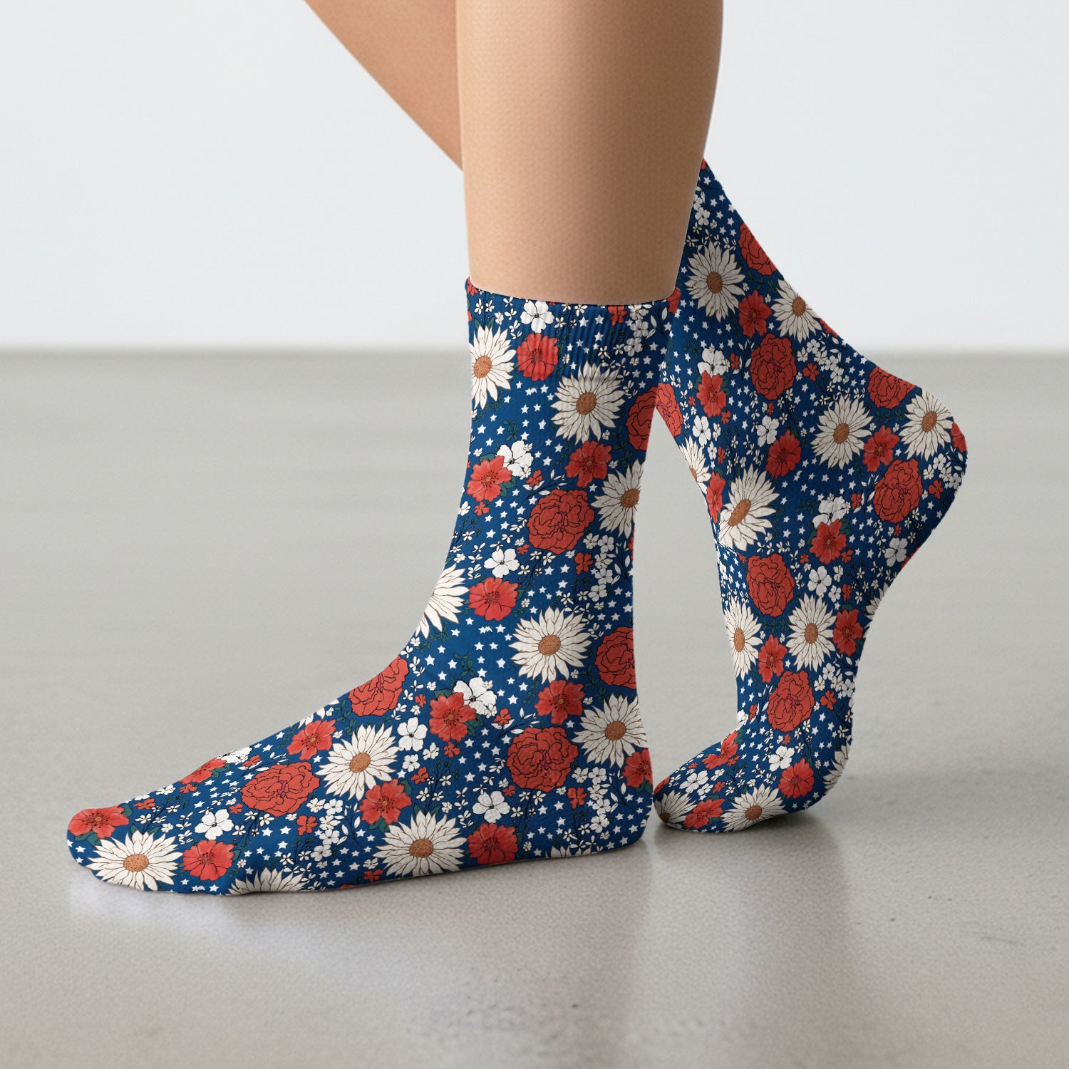 Red White Blue Floral Pattern Socks, Adult Socks for Men and Women