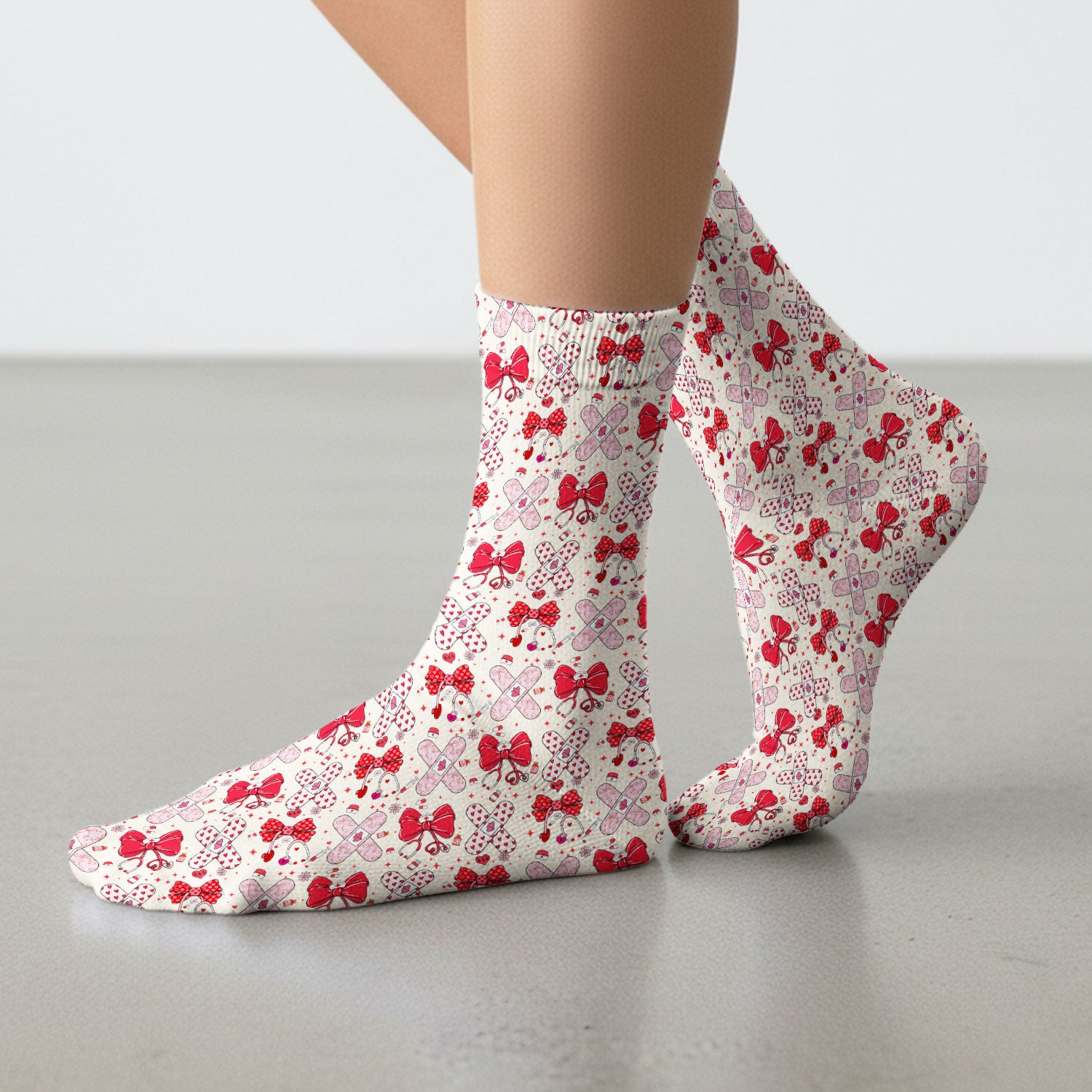 Valentine Nurse Scrub Socks, Red Bow And Heart Bandage Pattern Medical Sock, Breathable Fabrics Nursing Uniform