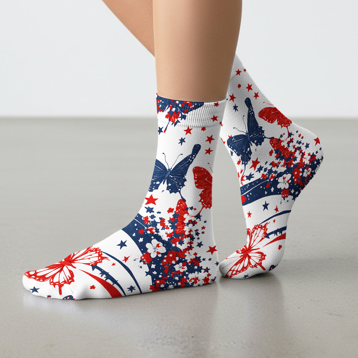 Patriotic Butterfly with Red White Blue Stars Socks, Adult Socks for Men and Women