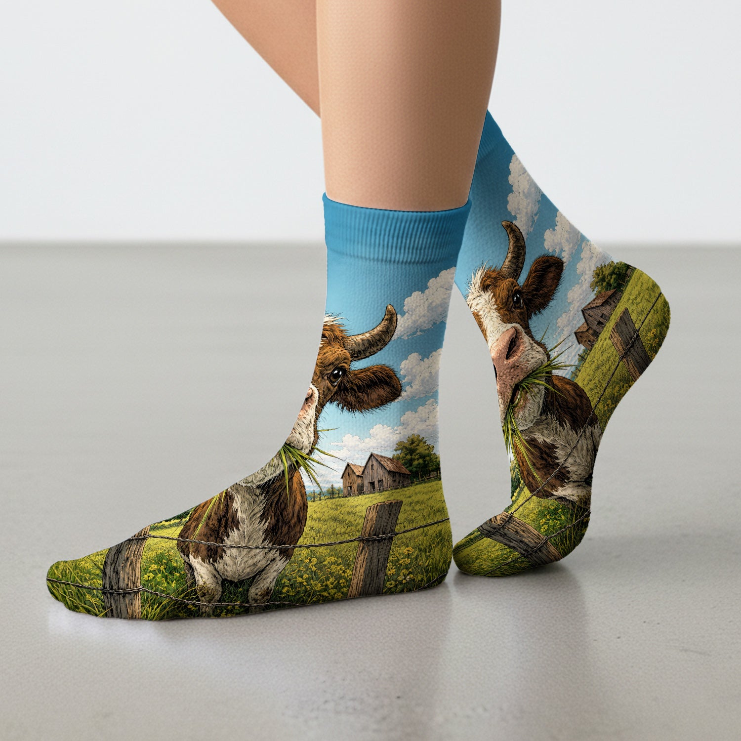 Curious Highland Cow Farm Scene Socks, Adult Socks for Men and Women