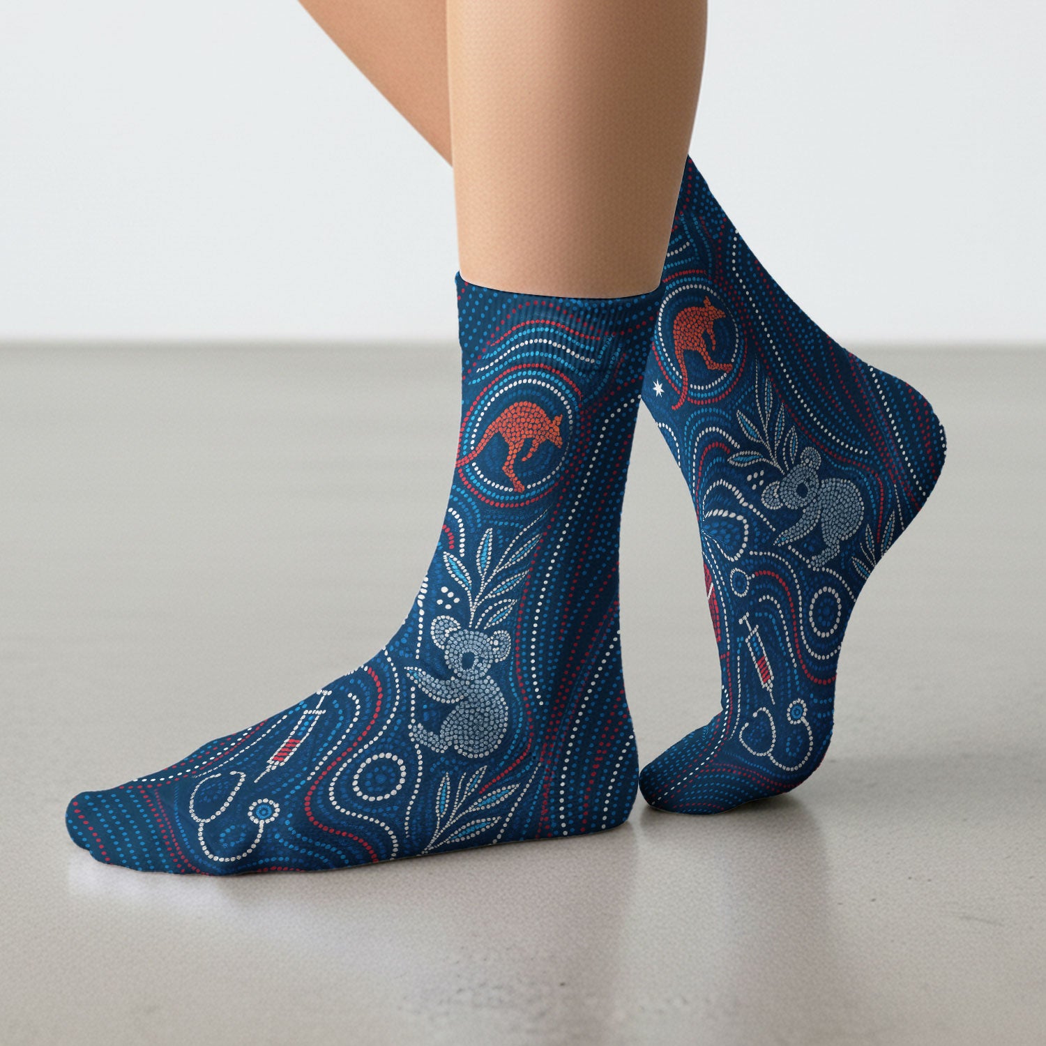 Aboriginal Dot Art Nurse Scrub Socks, Australian Kangaroo With Koala Pattern Sock,  Breathable Fabrics Nursing Uniform