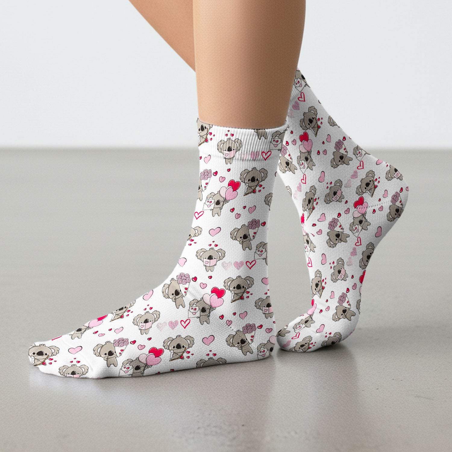 Valentine Koala Holding Flowers Cute Print Socks, Adult Socks for Men and Women