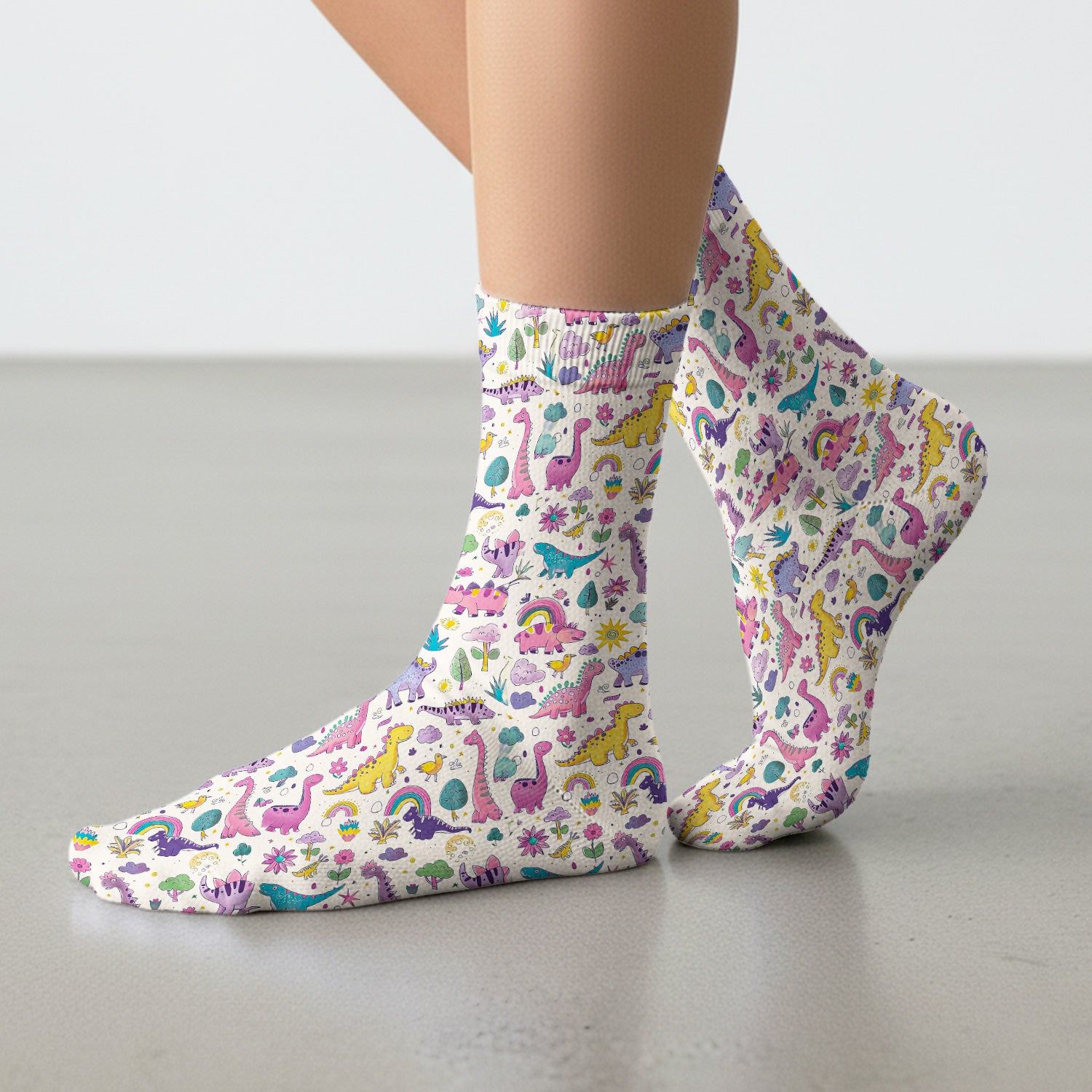 Cute Dinosaur Rainbow Pattern Socks, Adult Socks for Men and Women