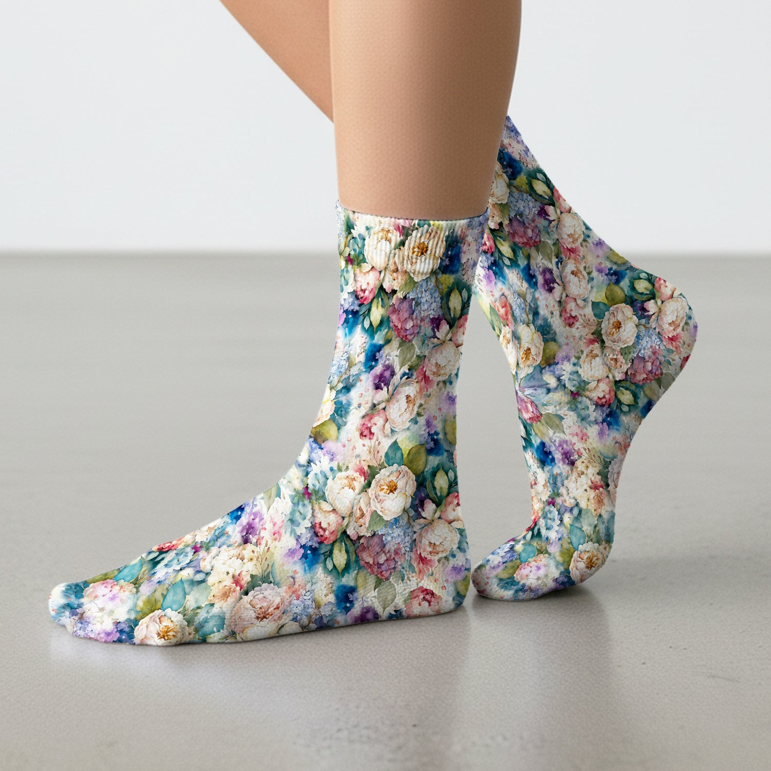 Watercolor Peony Hydrangea Floral Print Socks, Adult Socks for Men and Women