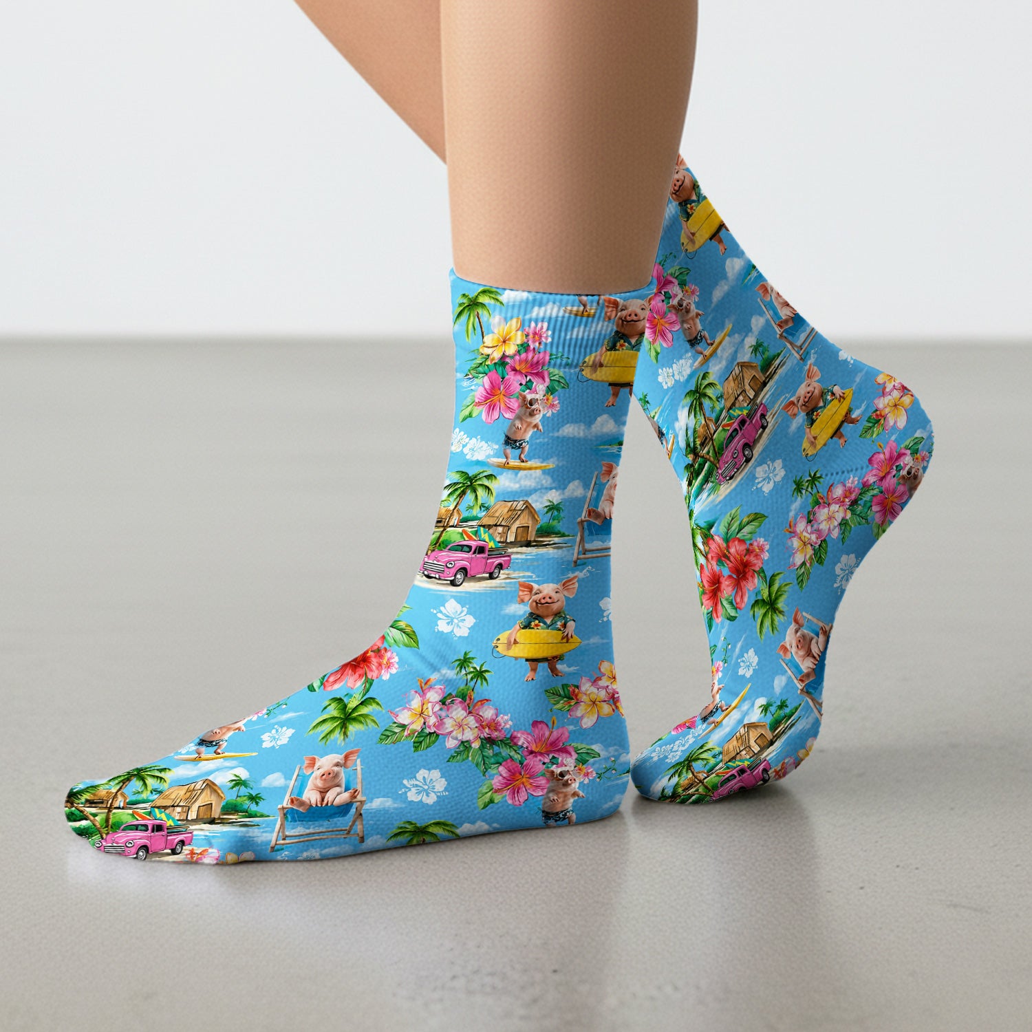 Tropical Surfing Pig Beach Pattern Socks, Adult Socks for Men and Women