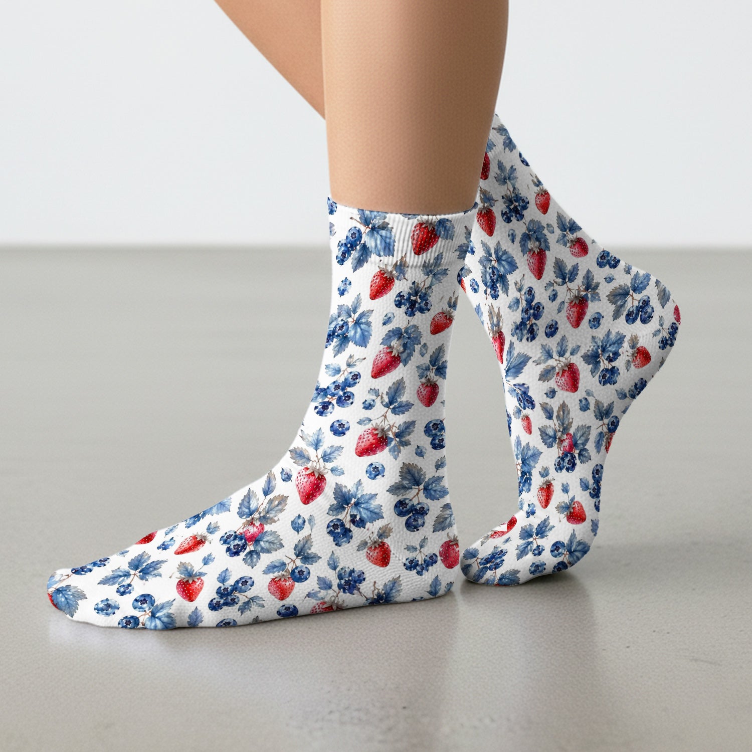 Cute Strawberry & Blueberry Leaf Pattern Socks, Adult Socks for Men and Women
