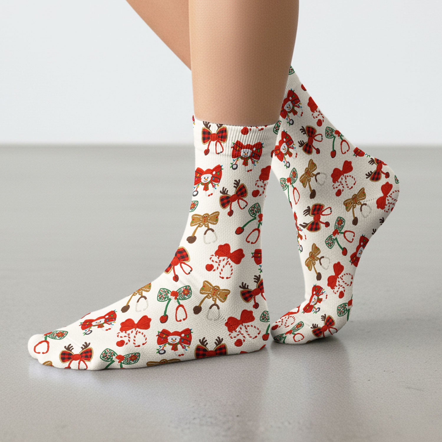Christmas Stethoscope Bow Nurse Scrub Socks, Xmas Pattern Scrub Sock, Holiday Nursing Uniform