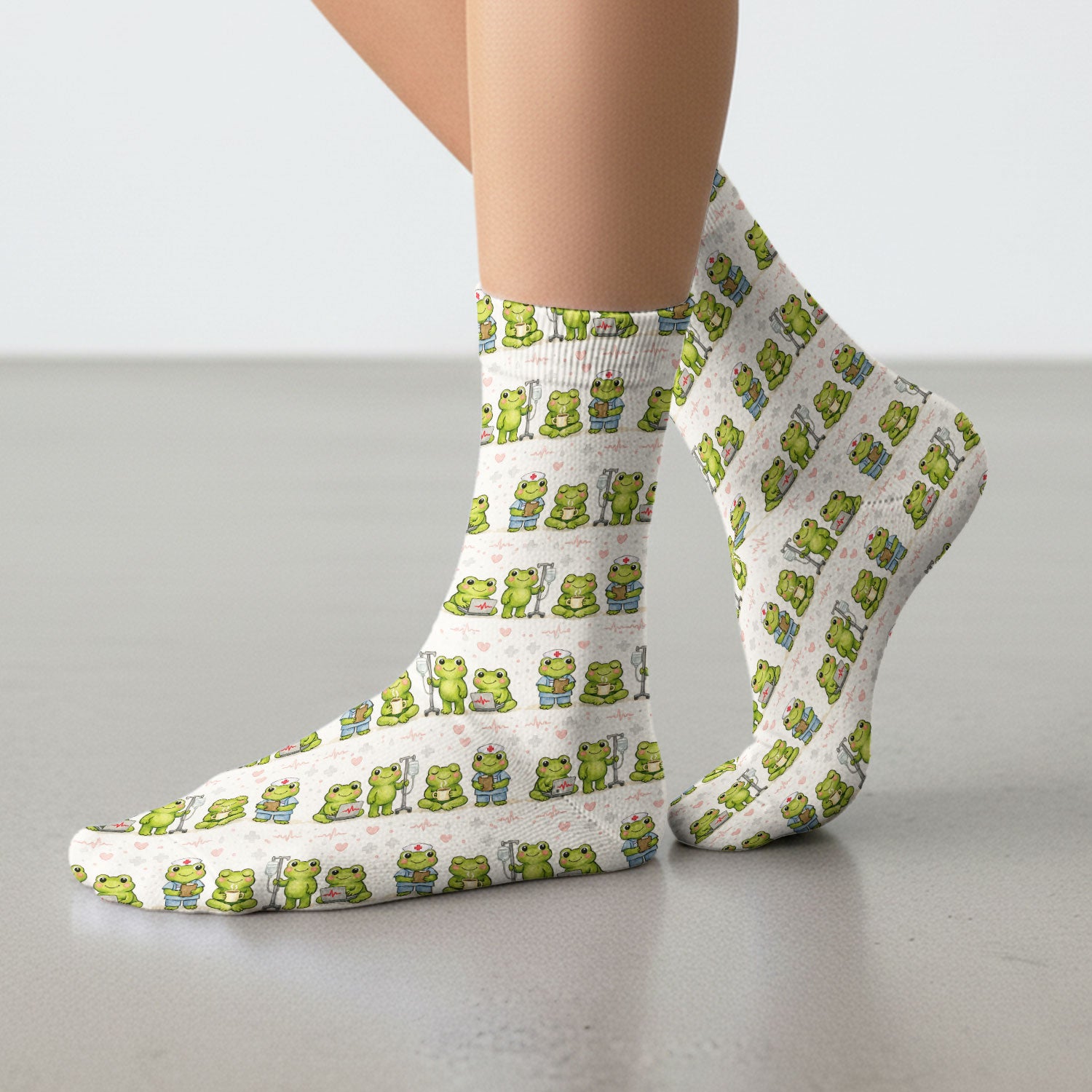 Adorable Frog Nurse Various Poses Print Socks, Breathable Fabrics Medical Uniform