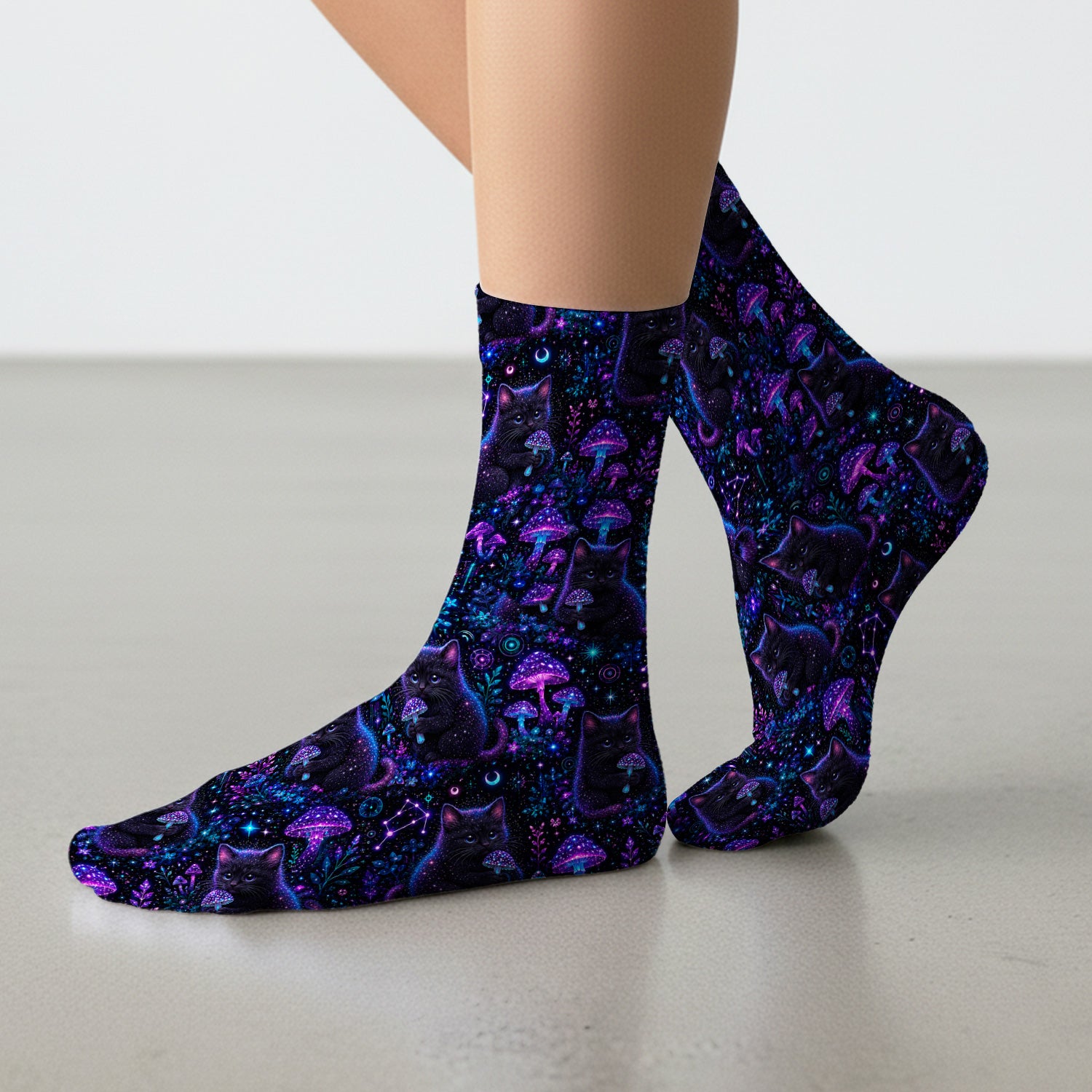 Neon Black Cat Mushroom Galaxy Pattern Socks, Adult Socks for Men and Women