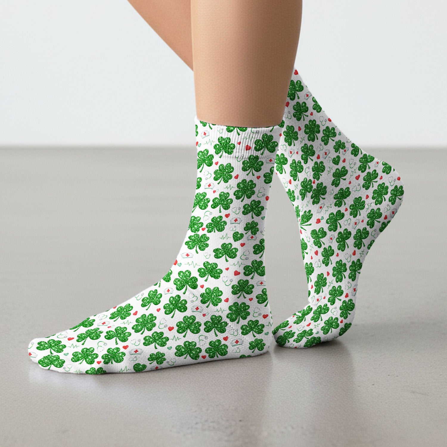 St. Patrick’s Day Nurse Scrub Socks, Green Clover Medical Pattern Sock, Breathable Fabrics Nursing Uniform
