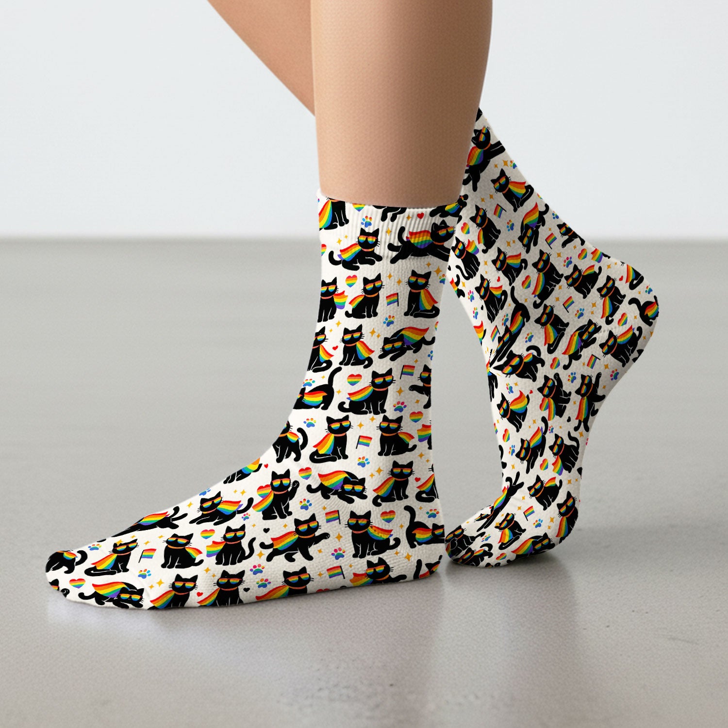 Rainbow Black Cat Pride Pattern Socks, Breathable Fabrics Medical Uniform
