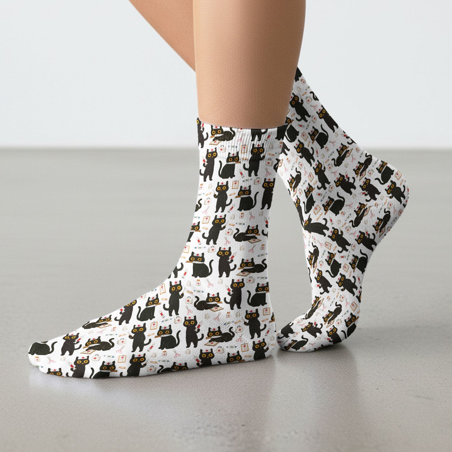 Cute Black Cat Nurse Pattern Medical Socks, Breathable Fabrics Medical Uniform