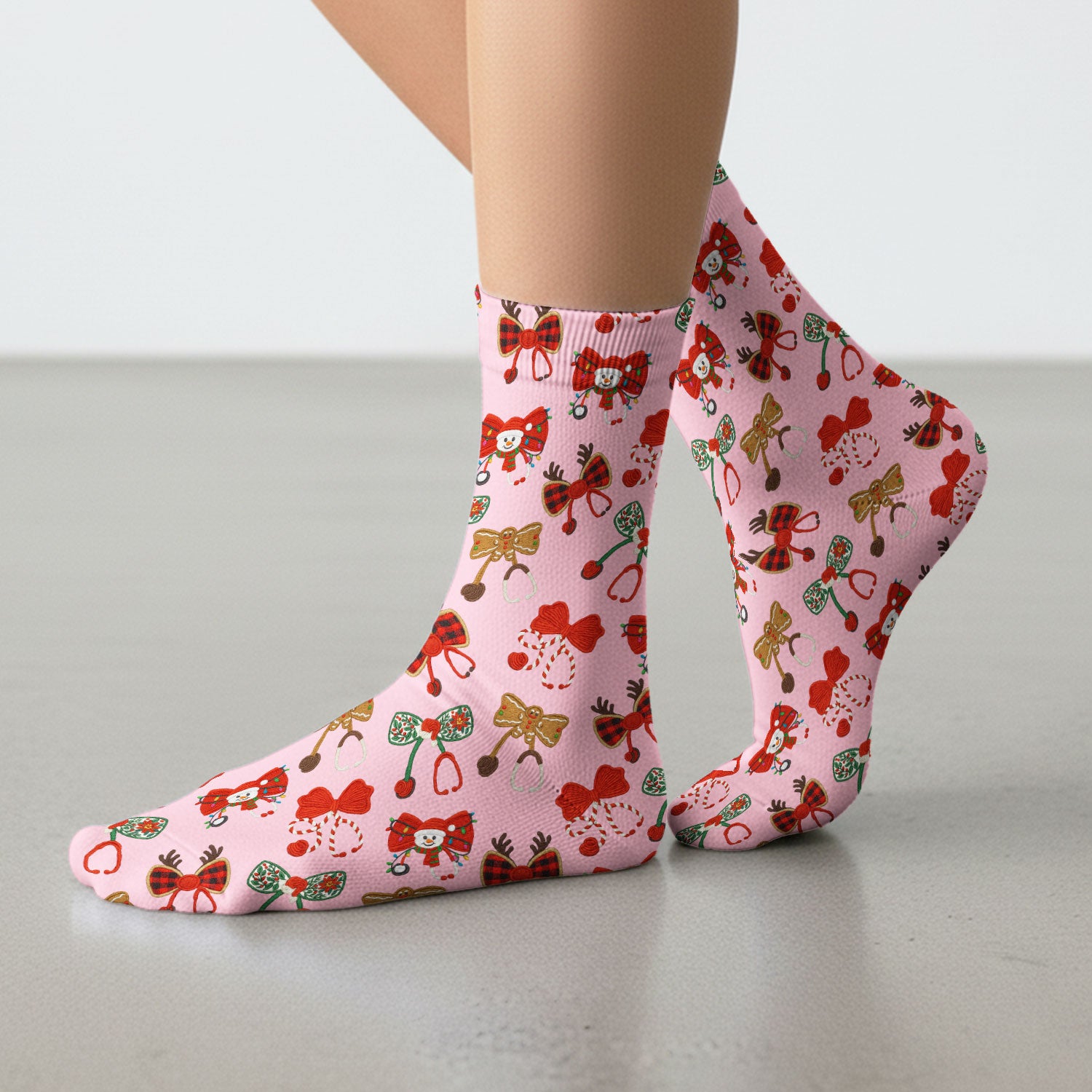 Christmas Stethoscope Bow Nurse Scrub Socks, Xmas Pattern Scrub Sock, Holiday Nursing Uniform