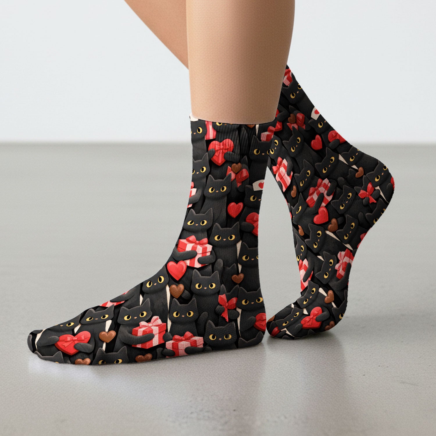 Black Cat Valentine Nurse Scrub Socks, Heart Pattern Medical Socks, Breathable Fabrics Nursing Uniform