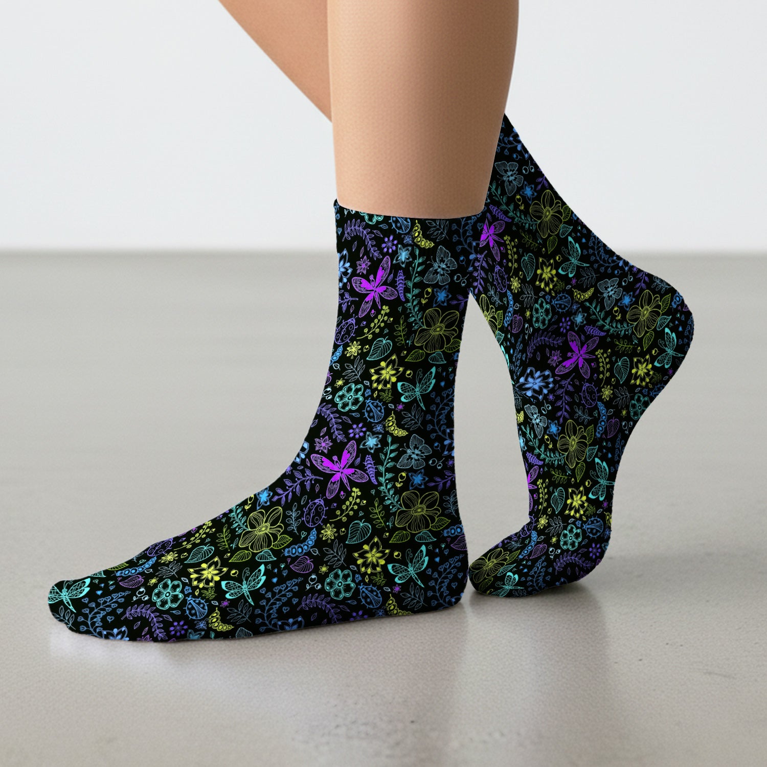 Neon Butterfly and Floral Garden Pattern Socks, Breathable Fabrics Medical Uniform