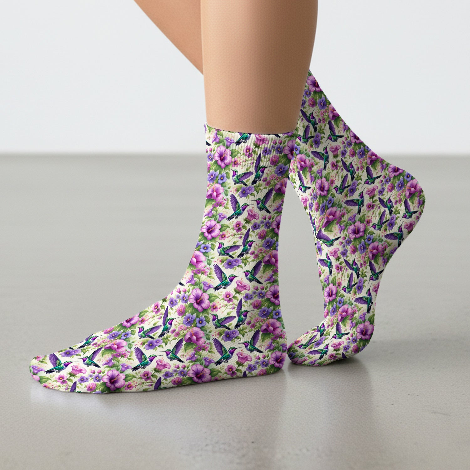 Purple Hummingbird Hibiscus Floral Pattern Socks, Adult Socks for Men and Women