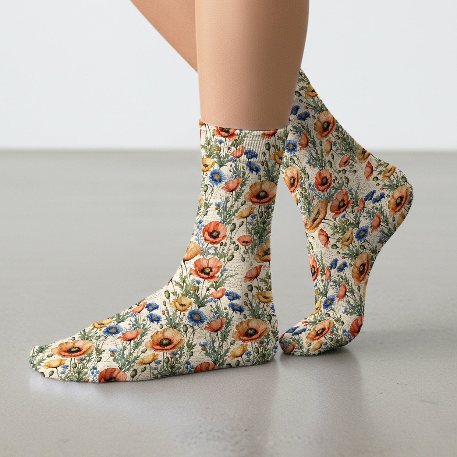 Vintage Poppy Wildflower Script Print Socks, Adult Socks for Men and Women