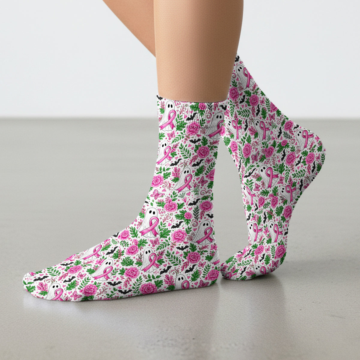 Breast Cancer Awareness Floral Ghost Socks, Adult Socks for Men and Women